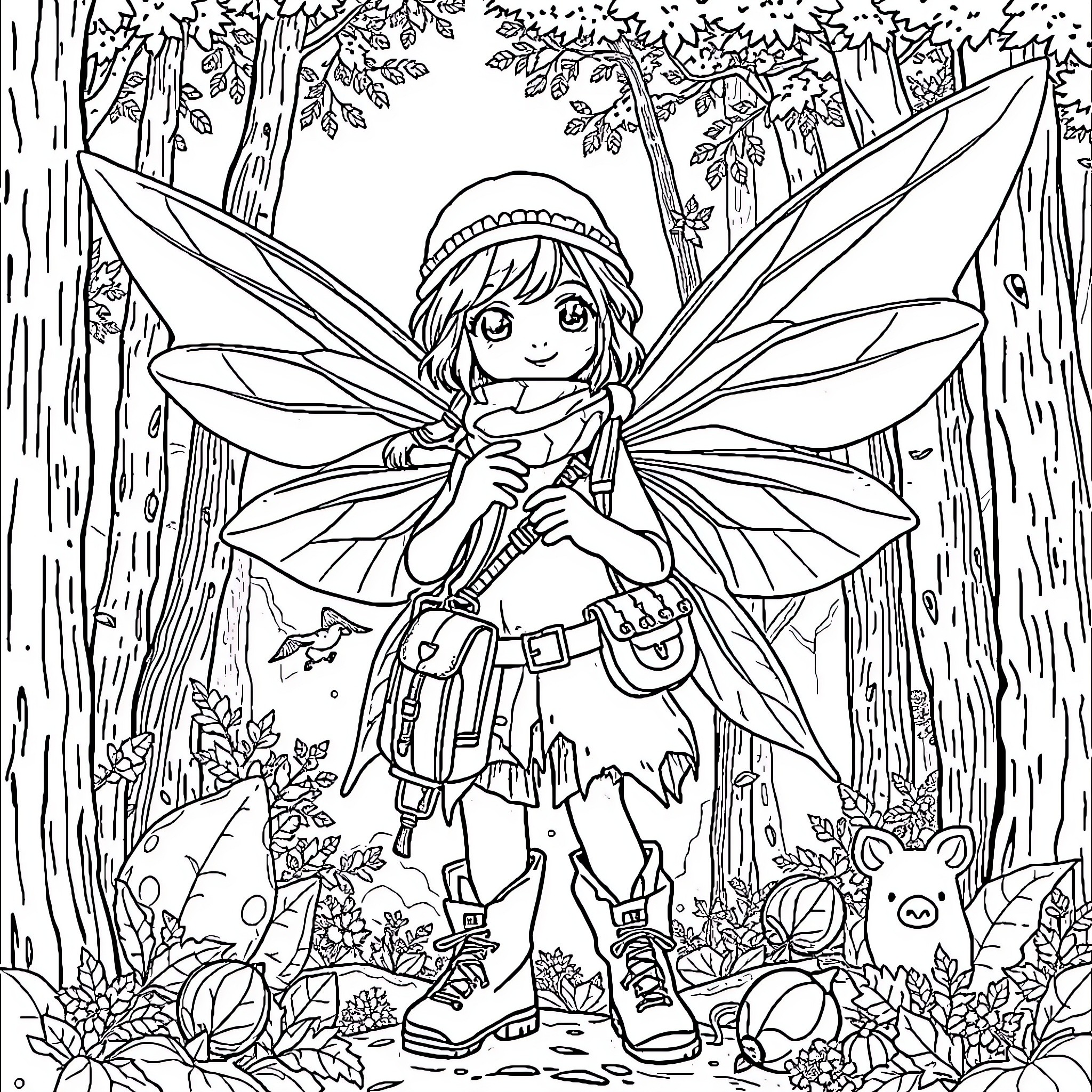 Fairy exploring the enchanted forest Coloring Page (free black-and-white line drawing printable PDF for all, from beginners to advanced learners, including children, teens, adults, and seniors)