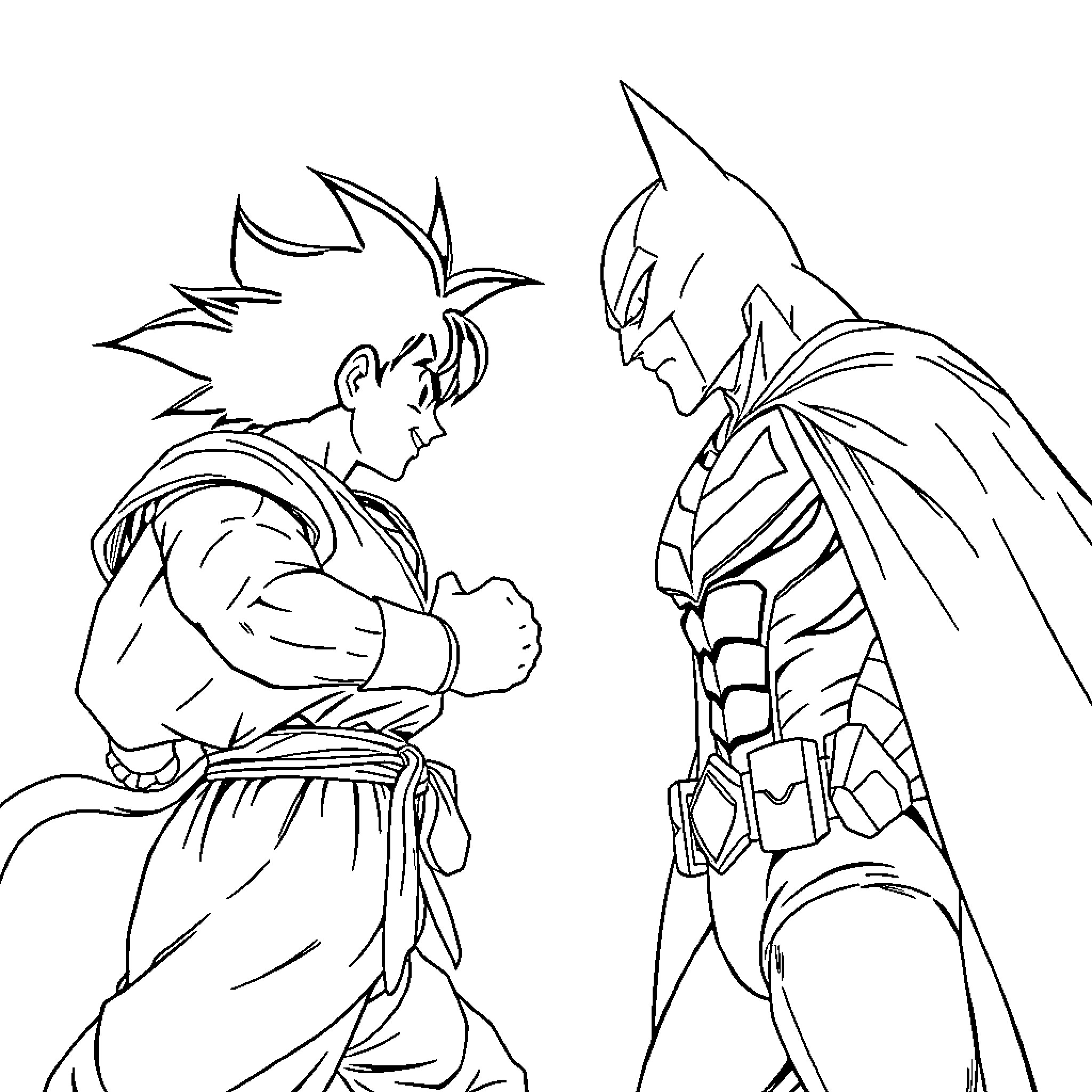 Goku confronting a masked warrior Coloring Page (free black-and-white line drawing printable PDF for all, from beginners to advanced learners, including children, teens, adults, and seniors)