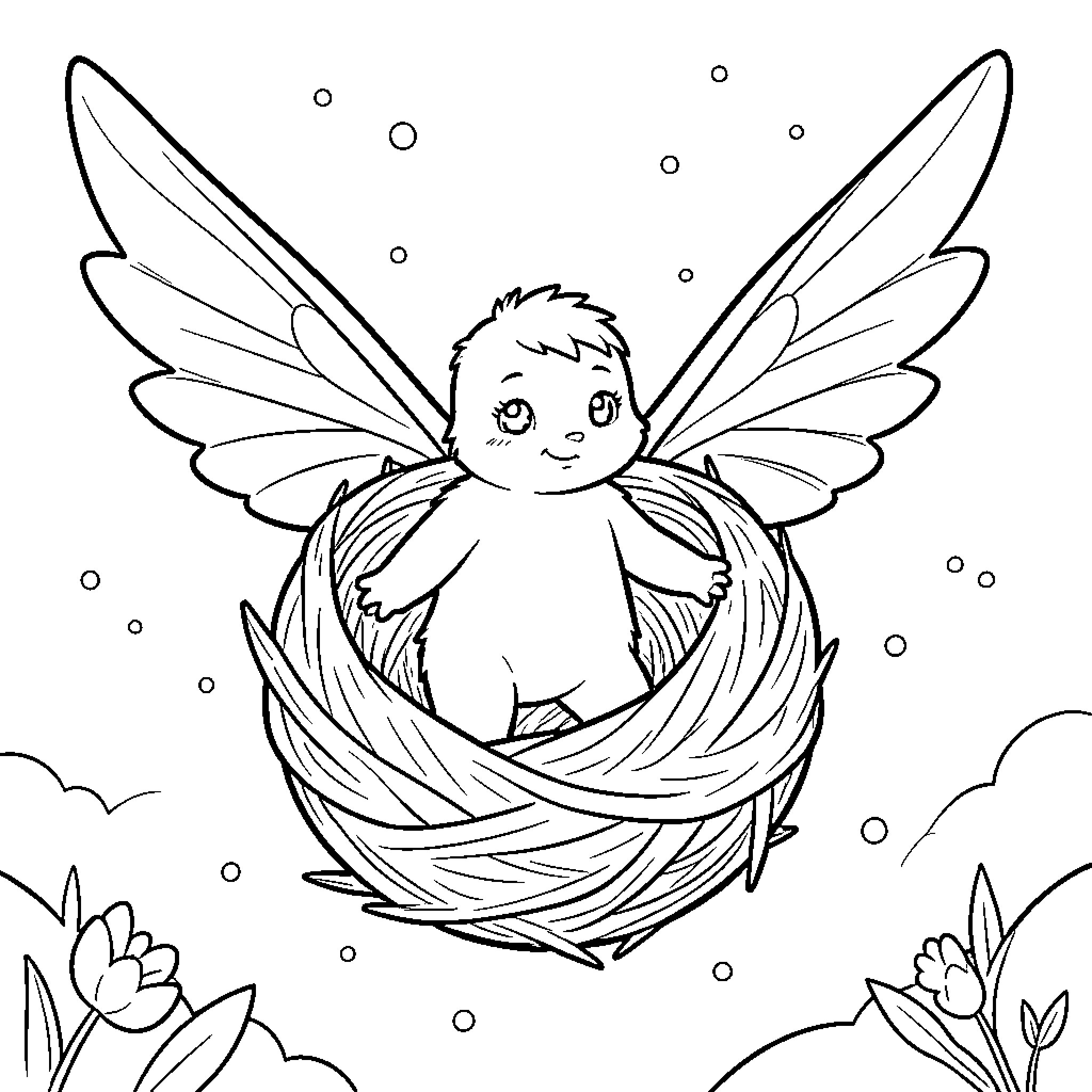 Papillon baby angel sitting peacefully in a nest Coloring Page (free black-and-white line drawing printable PDF for all, from beginners to advanced learners, including children, teens, adults, and seniors)