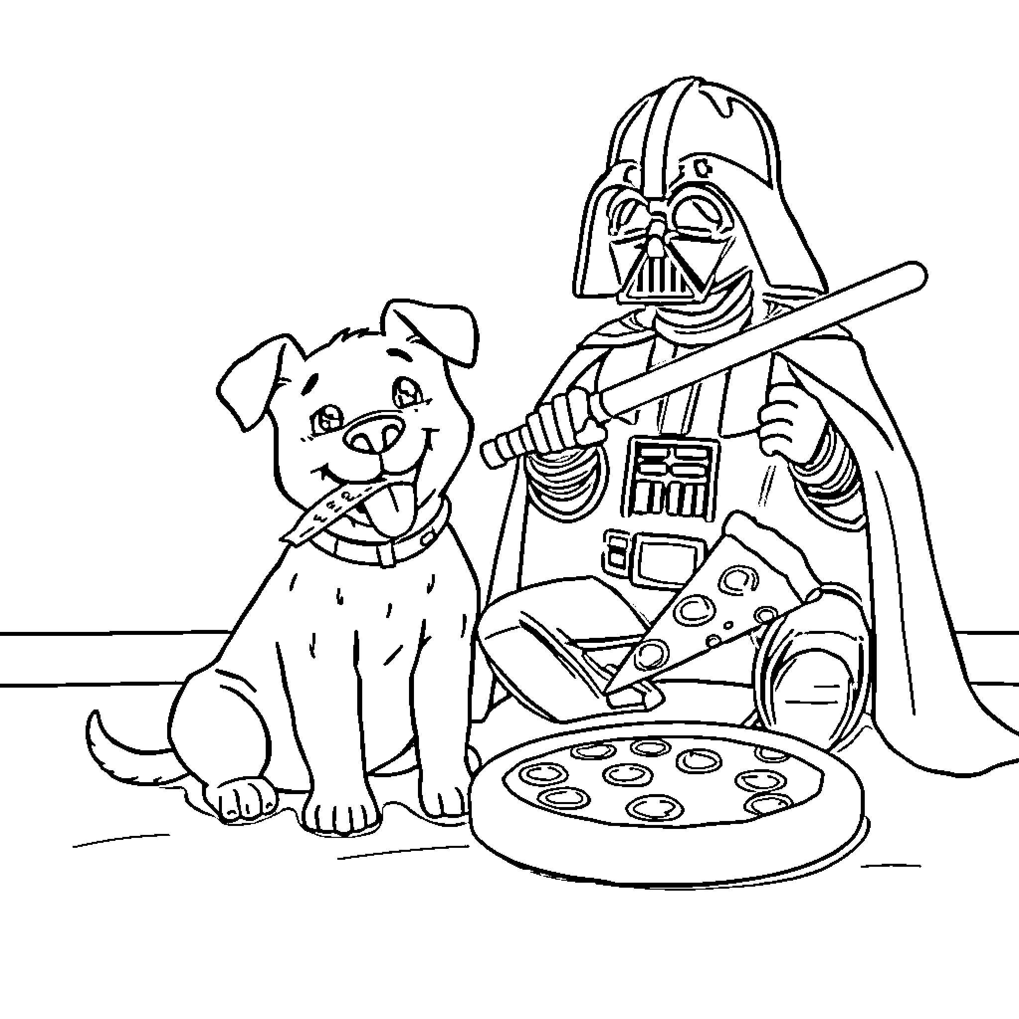 Dog playing video games with Darth Vader Coloring Page (free black-and-white line drawing printable PDF for all, from beginners to advanced learners, including children, teens, adults, and seniors)