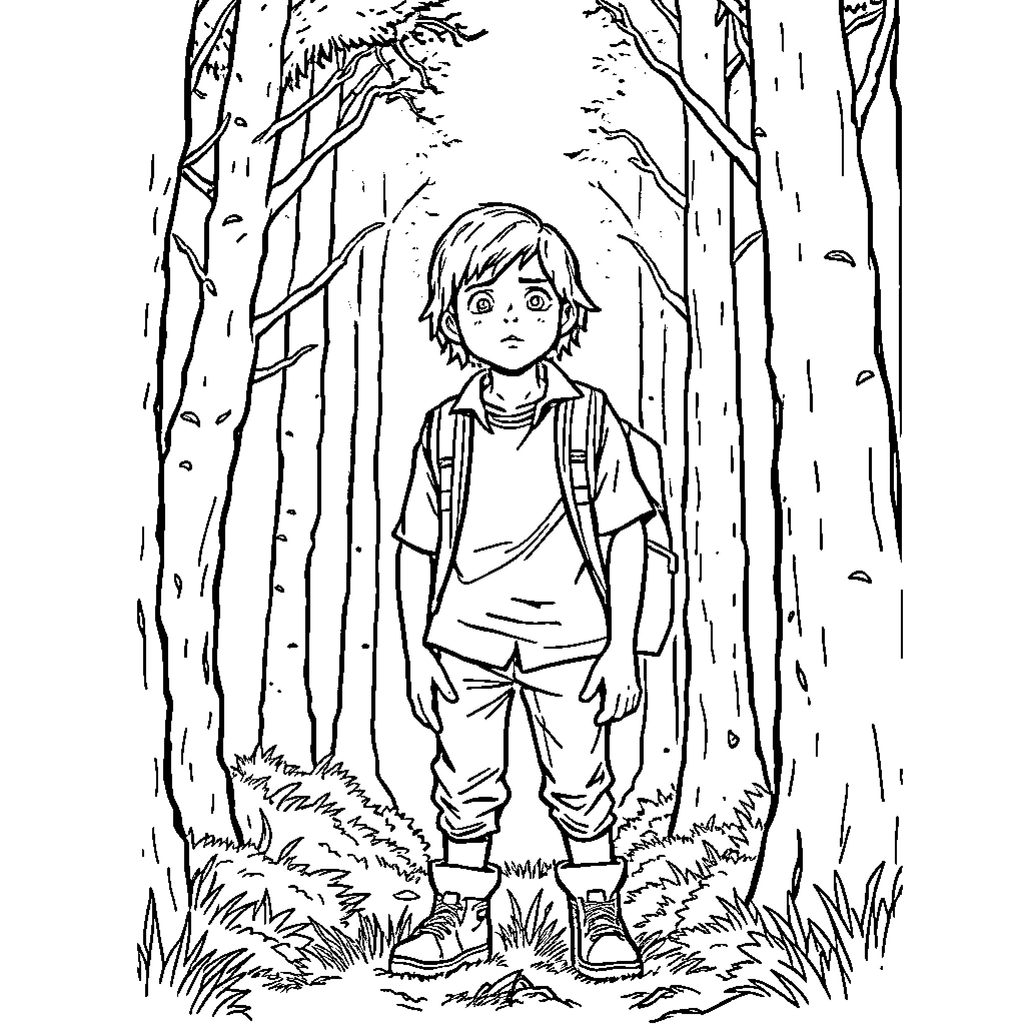 Will Explore the Mysterious Forest Alone Coloring Page (free black-and-white line drawing printable PDF for all, from beginners to advanced learners, including children, teens, adults, and seniors)