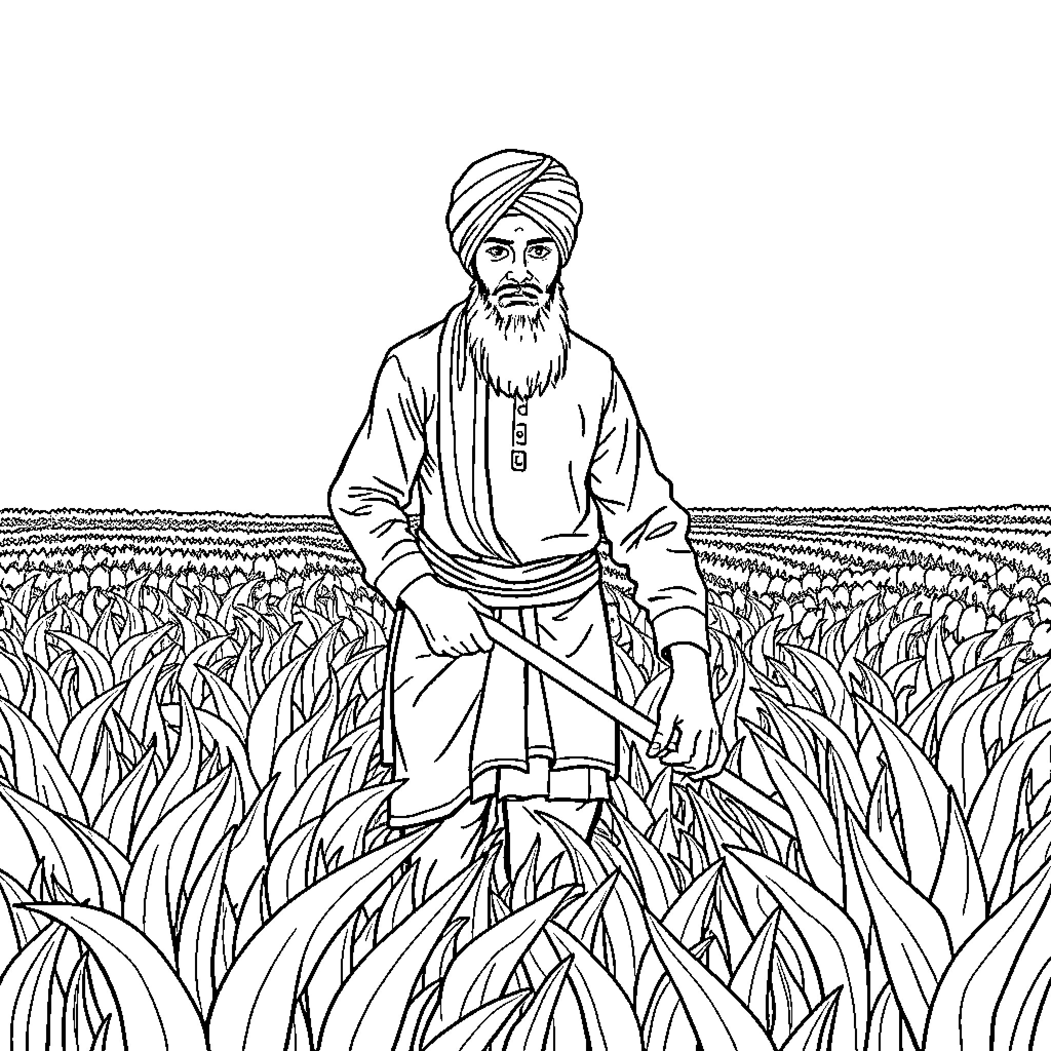 Farmer inspecting his field of crops Coloring Page (free black-and-white line drawing printable PDF for all, from beginners to advanced learners, including children, teens, adults, and seniors)