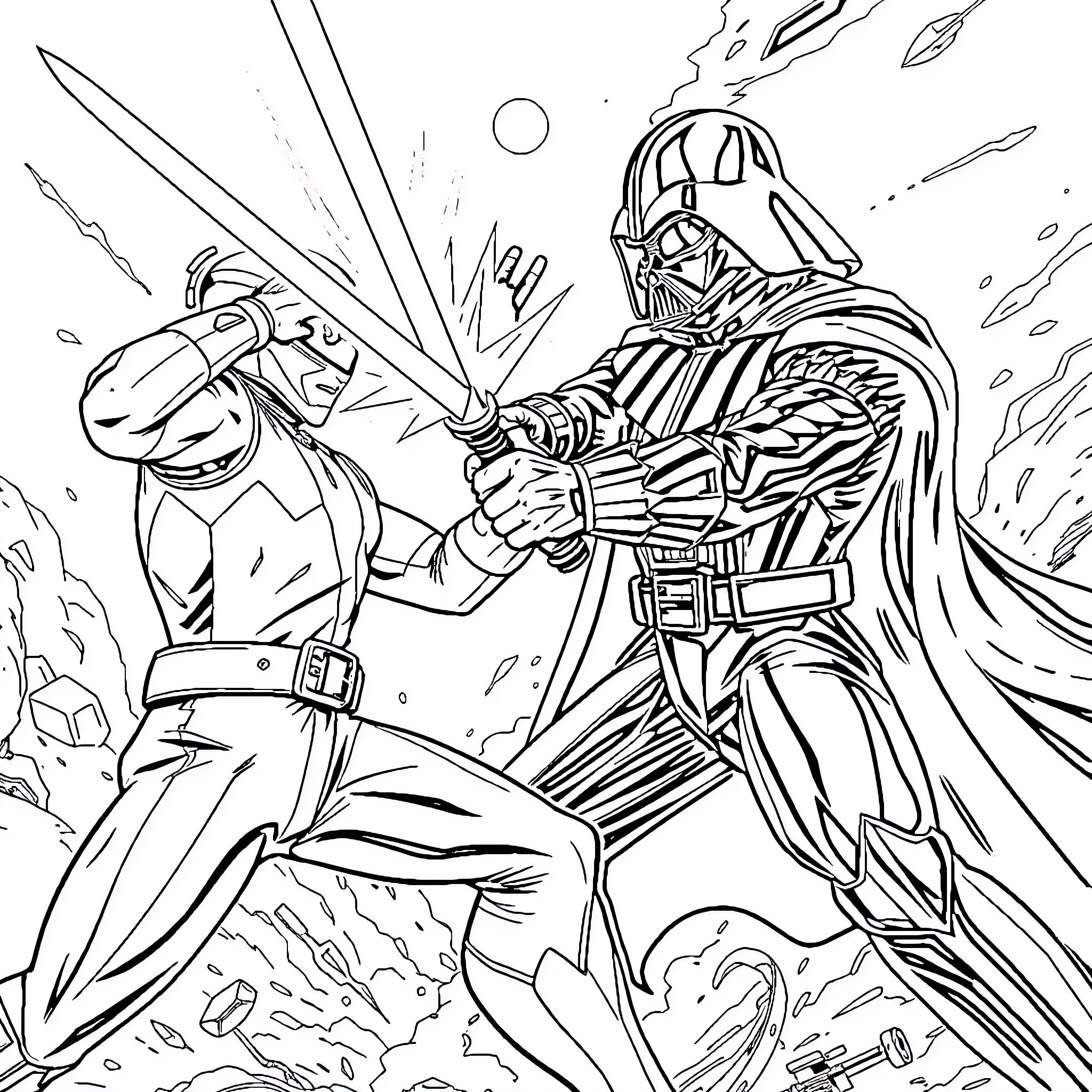 Dino Charge Ranger battles fearsome villain Coloring Page (free black-and-white line drawing printable PDF for all, from beginners to advanced learners, including children, teens, adults, and seniors)