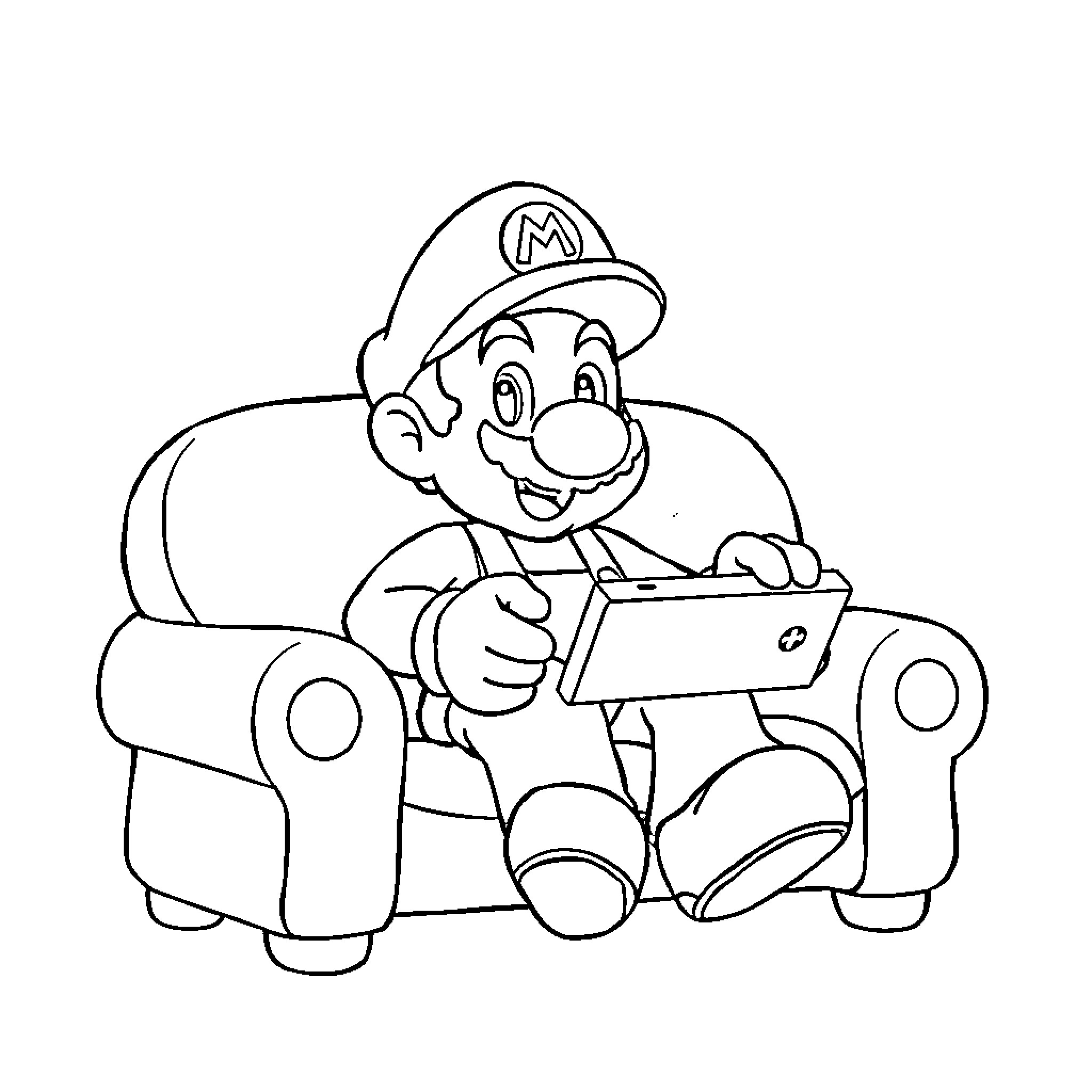 Super Mario Relaxing on a Sofa Coloring Page (free black-and-white line drawing printable PDF for all, from beginners to advanced learners, including children, teens, adults, and seniors)