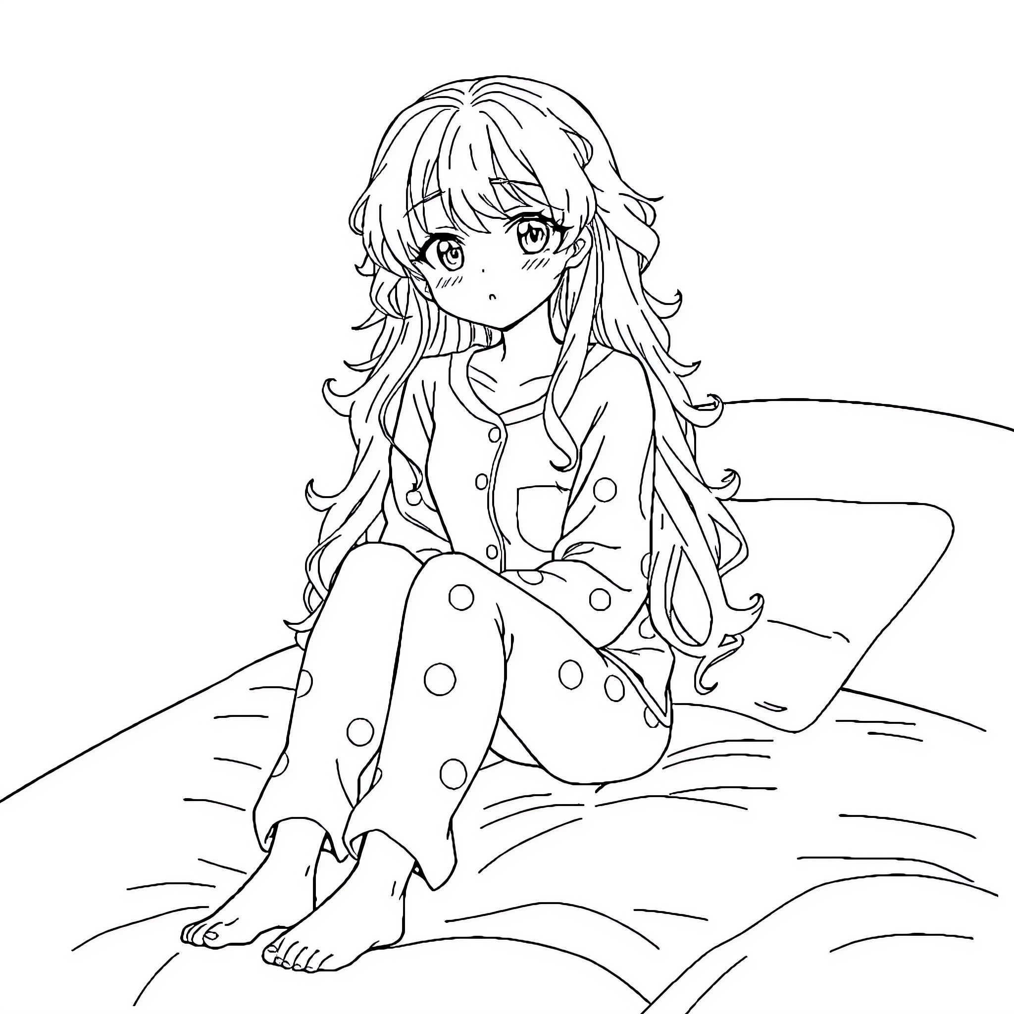 Anime Girl Sitting Alone with Contemplative Expression Coloring Page (free black-and-white line drawing printable PDF for all, from beginners to advanced learners, including children, teens, adults, and seniors)