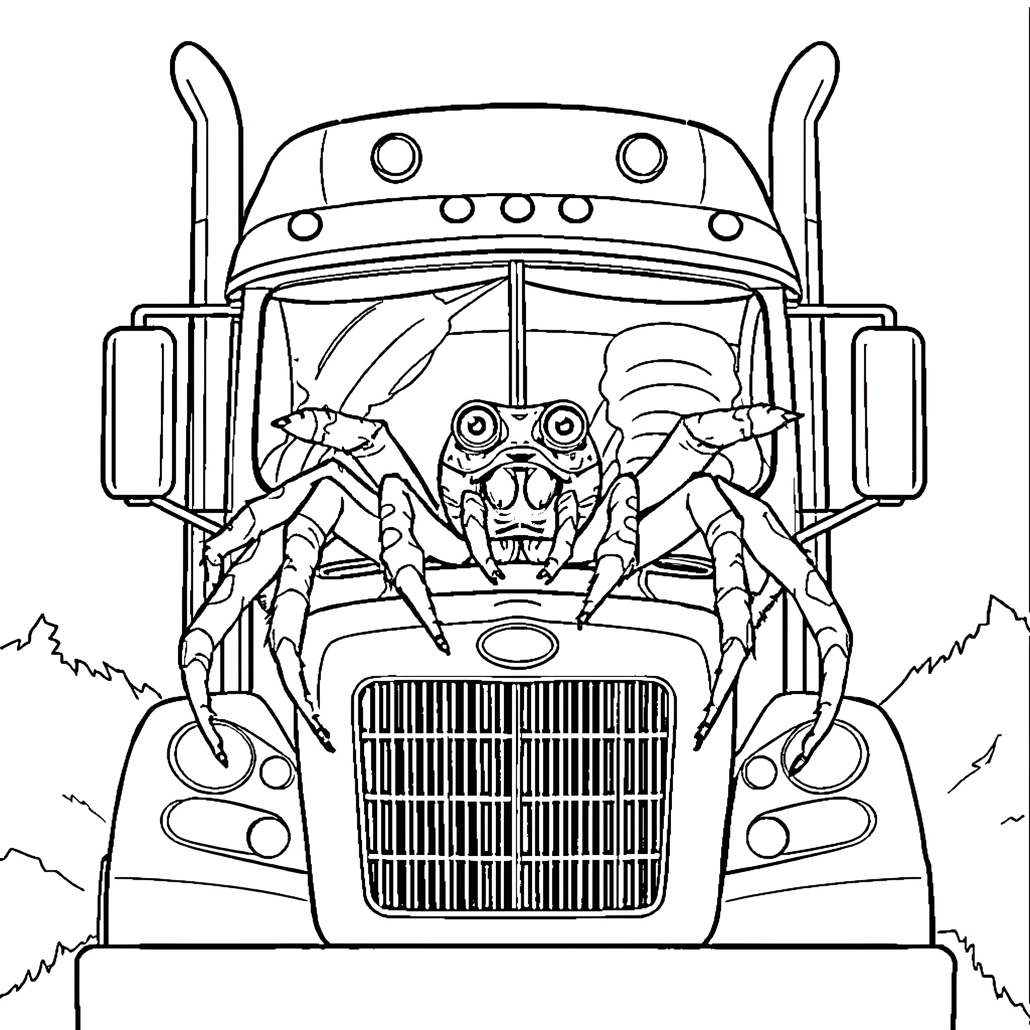 Spider-like creature driving an intimidating truck Coloring Page (free black-and-white line drawing printable PDF for all, from beginners to advanced learners, including children, teens, adults, and seniors)