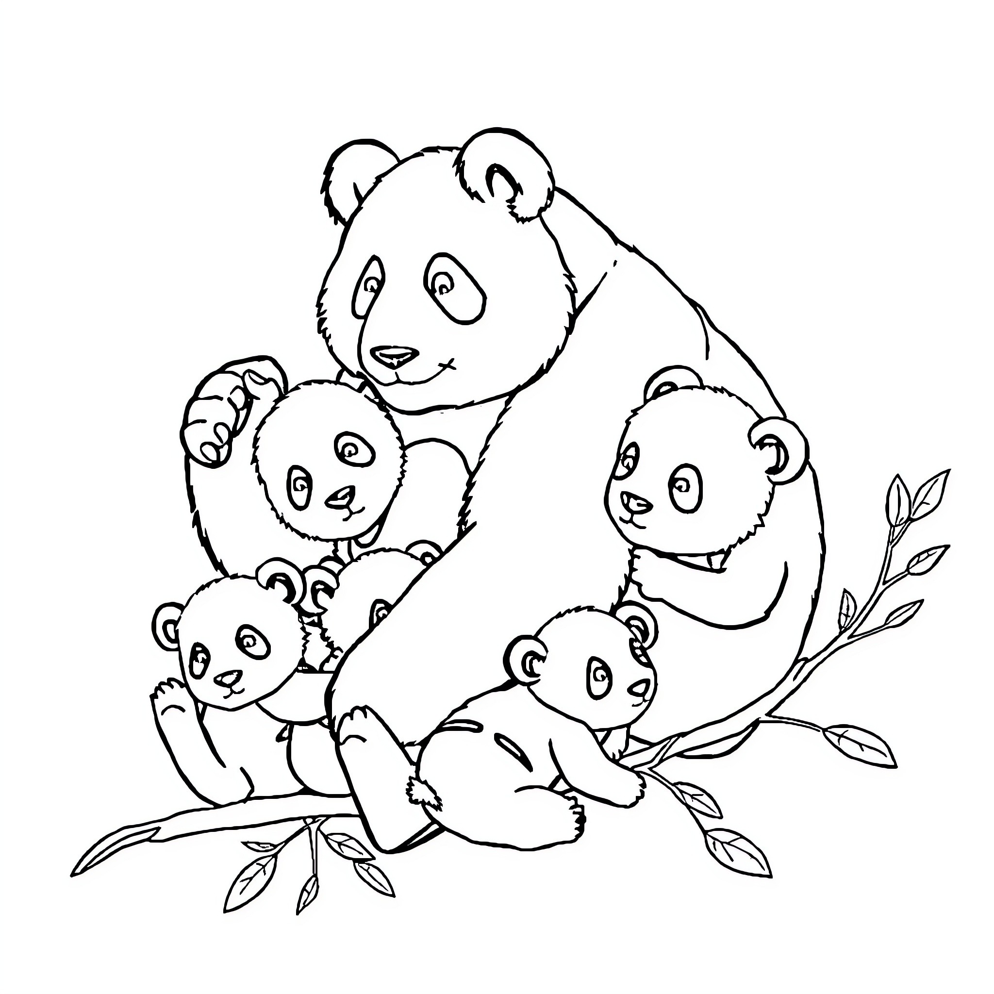 Panda family playing together in nature Coloring Page (free black-and-white line drawing printable PDF for all, from beginners to advanced learners, including children, teens, adults, and seniors)