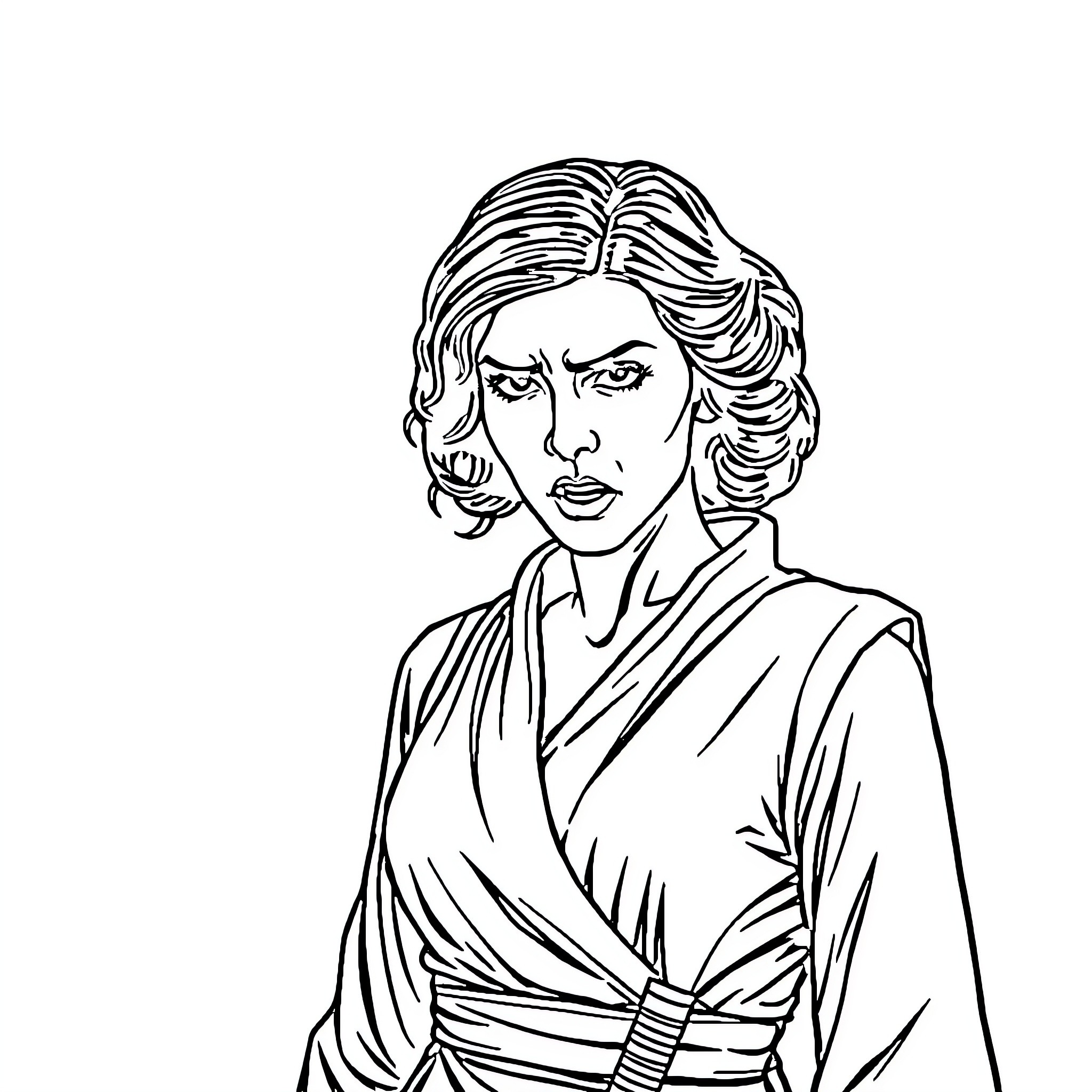 Princess Leia in determined stance Coloring Page (free black-and-white line drawing printable PDF for all, from beginners to advanced learners, including children, teens, adults, and seniors)
