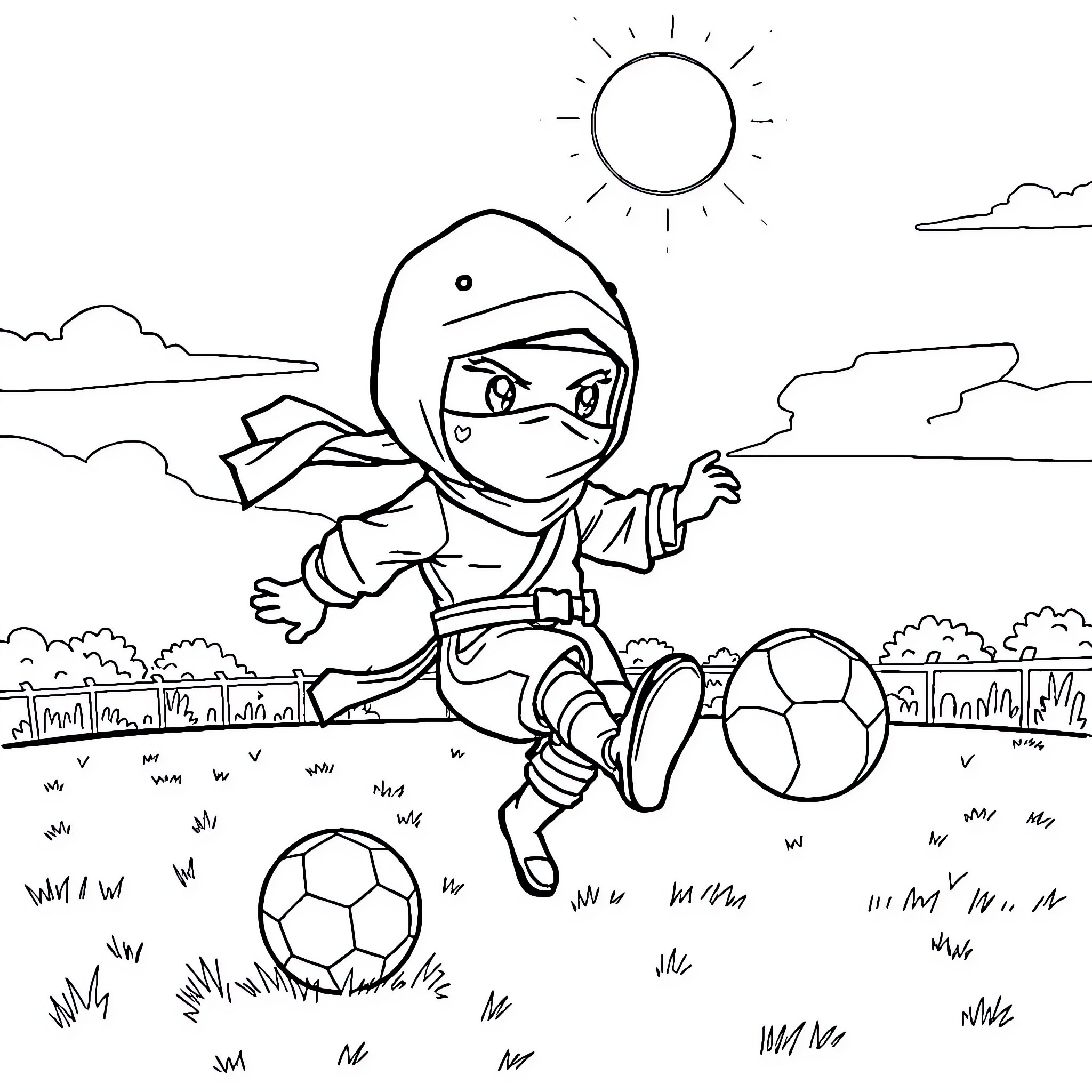 Ninja playing with soccer ball in the park Coloring Page (free black-and-white line drawing printable PDF for all, from beginners to advanced learners, including children, teens, adults, and seniors)