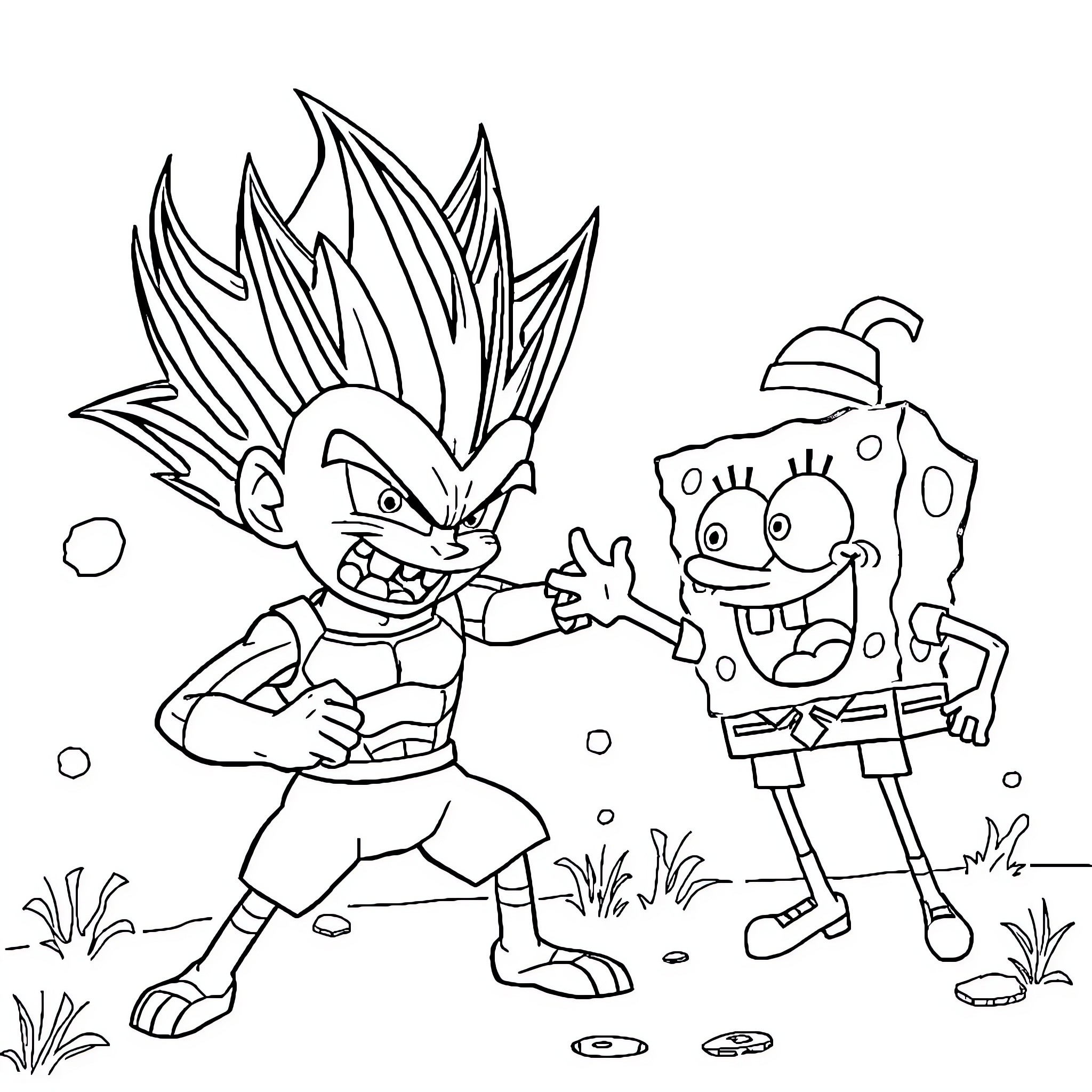 Vegeta in Confrontation with SpongeBob Coloring Page (free black-and-white line drawing printable PDF for all, from beginners to advanced learners, including children, teens, adults, and seniors)
