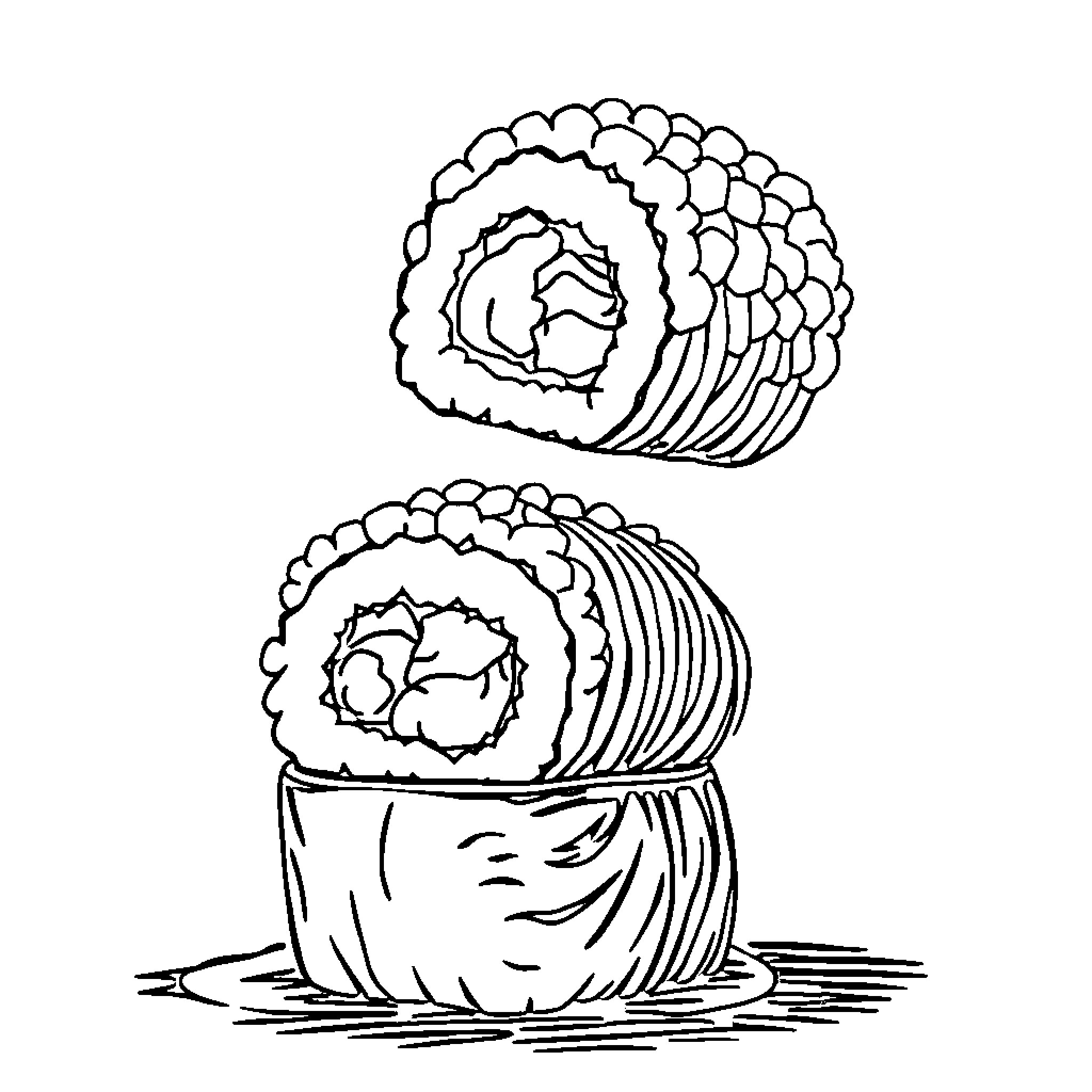 Sushi rolls stacked neatly on a plate Coloring Page (free black-and-white line drawing printable PDF for all, from beginners to advanced learners, including children, teens, adults, and seniors)