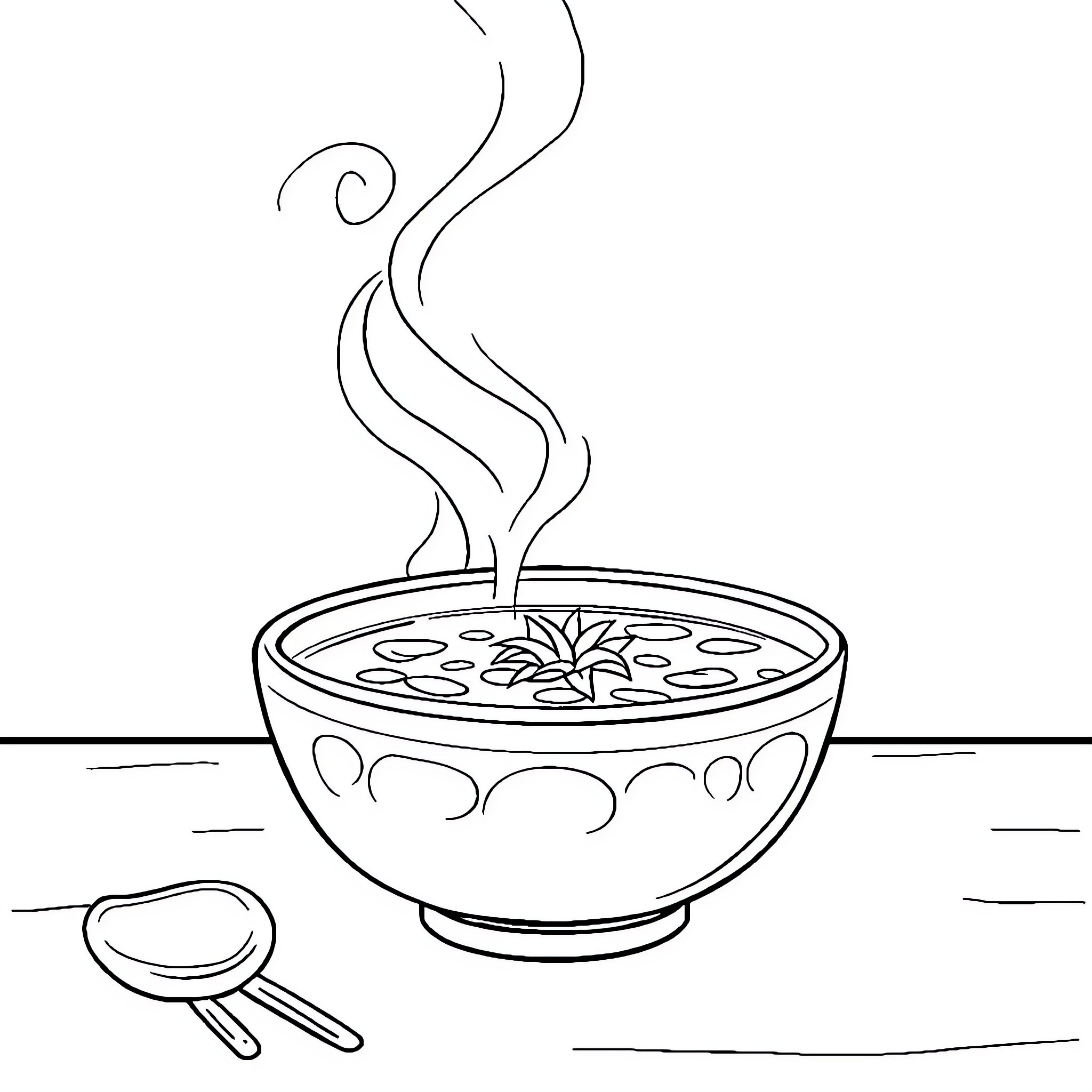 Soup with Decorative Bowl and Spoon Coloring Page (free black-and-white line drawing printable PDF for all, from beginners to advanced learners, including children, teens, adults, and seniors)