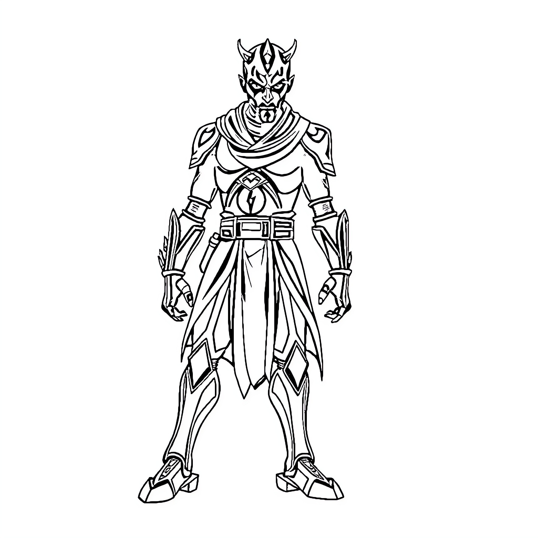 Darth Maul in Dramatic Warrior Pose Coloring Page (free black-and-white line drawing printable PDF for all, from beginners to advanced learners, including children, teens, adults, and seniors)
