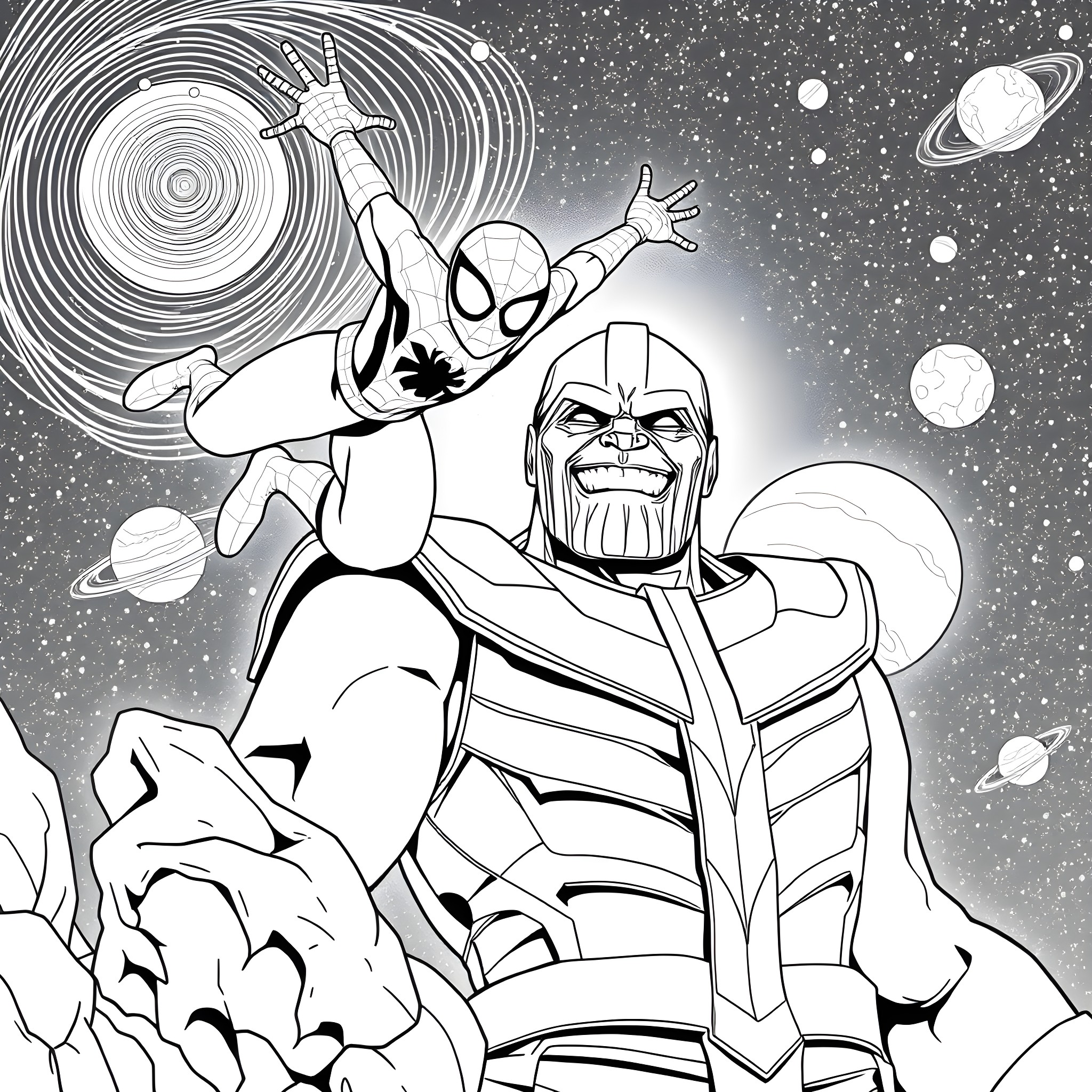 Spiderman swinging through cosmic chaos with Thanos Coloring Page (free black-and-white line drawing printable PDF for all, from beginners to advanced learners, including children, teens, adults, and seniors)