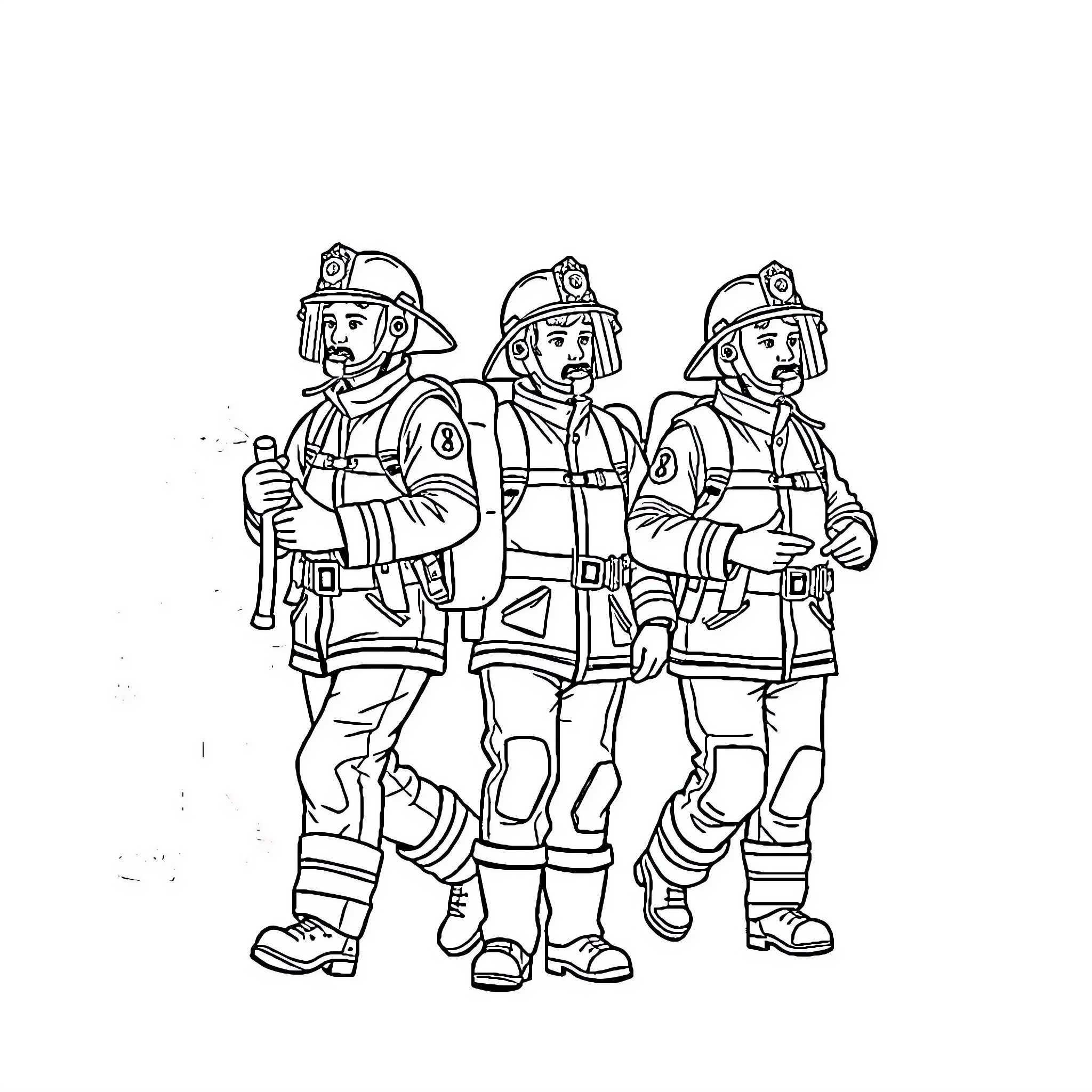 Firefighters working together in emergency response Coloring Page (free black-and-white line drawing printable PDF for all, from beginners to advanced learners, including children, teens, adults, and seniors)