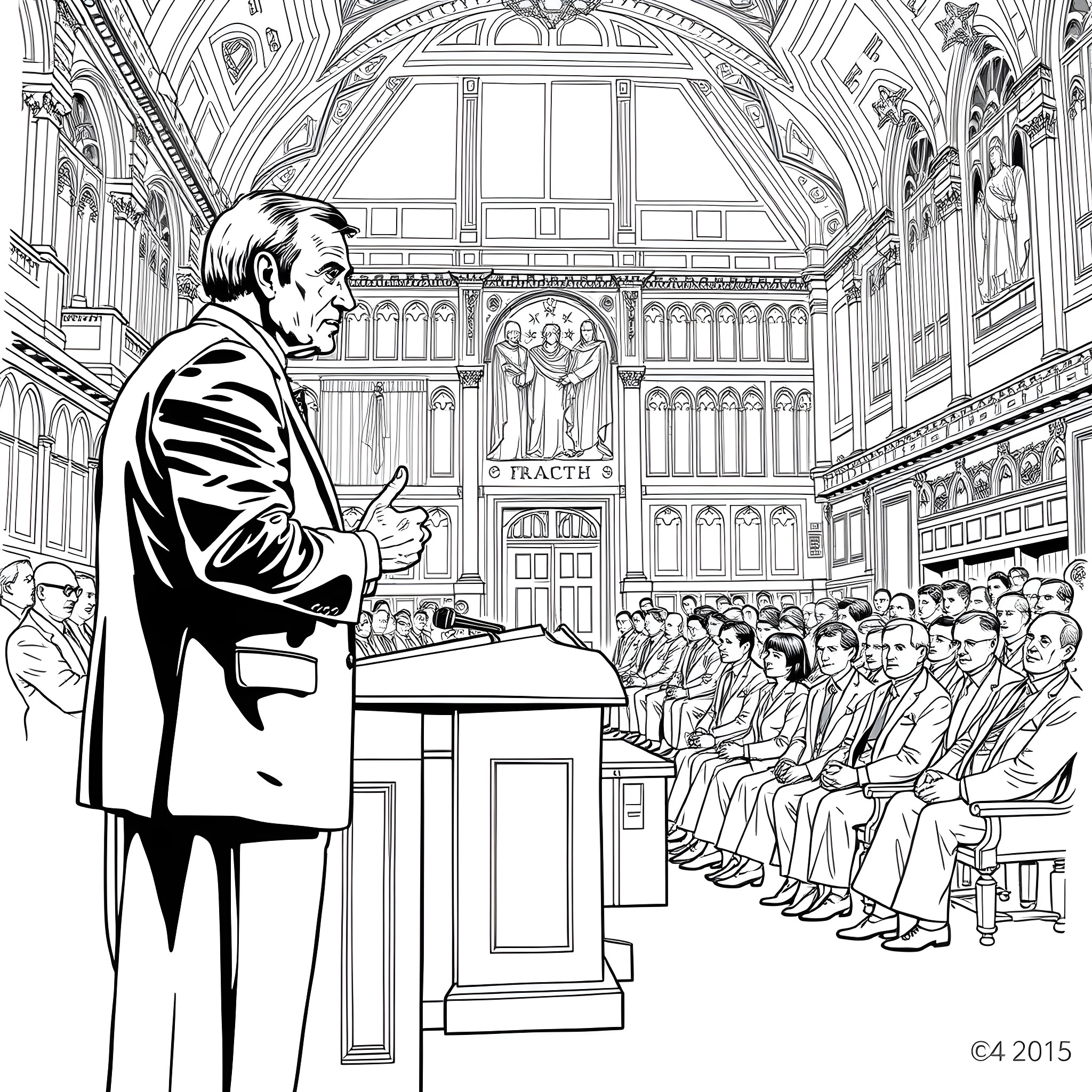 Enoch Powell delivering a speech in a grand hall Coloring Page (free black-and-white line drawing printable PDF for all, from beginners to advanced learners, including children, teens, adults, and seniors)