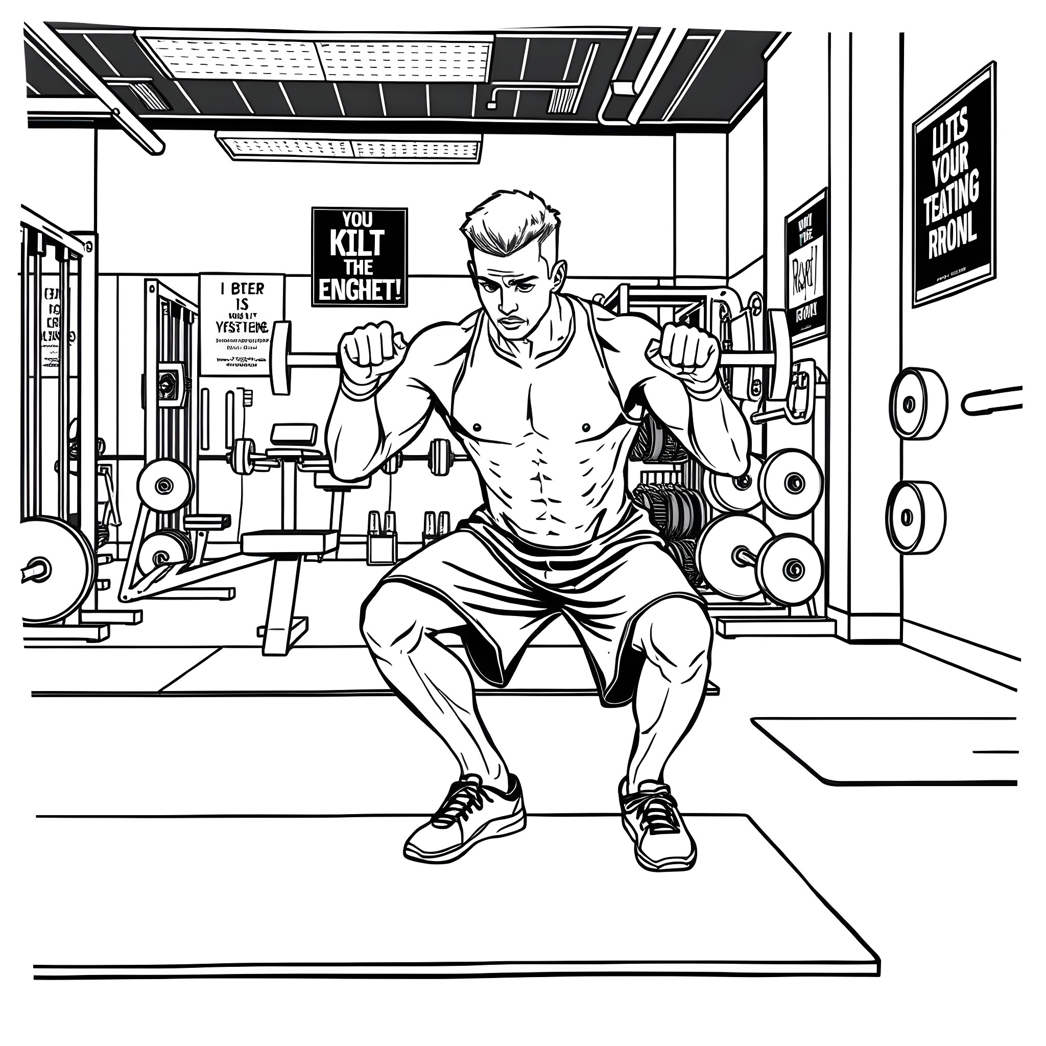 Squat with Intensity in the Gym Coloring Page (free black-and-white line drawing printable PDF for all, from beginners to advanced learners, including children, teens, adults, and seniors)