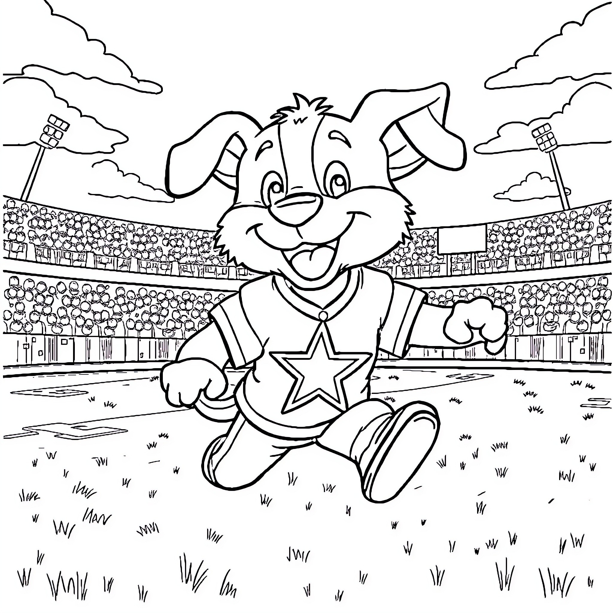 Bluey enjoying the game on the sports field Coloring Page (free black-and-white line drawing printable PDF for all, from beginners to advanced learners, including children, teens, adults, and seniors)