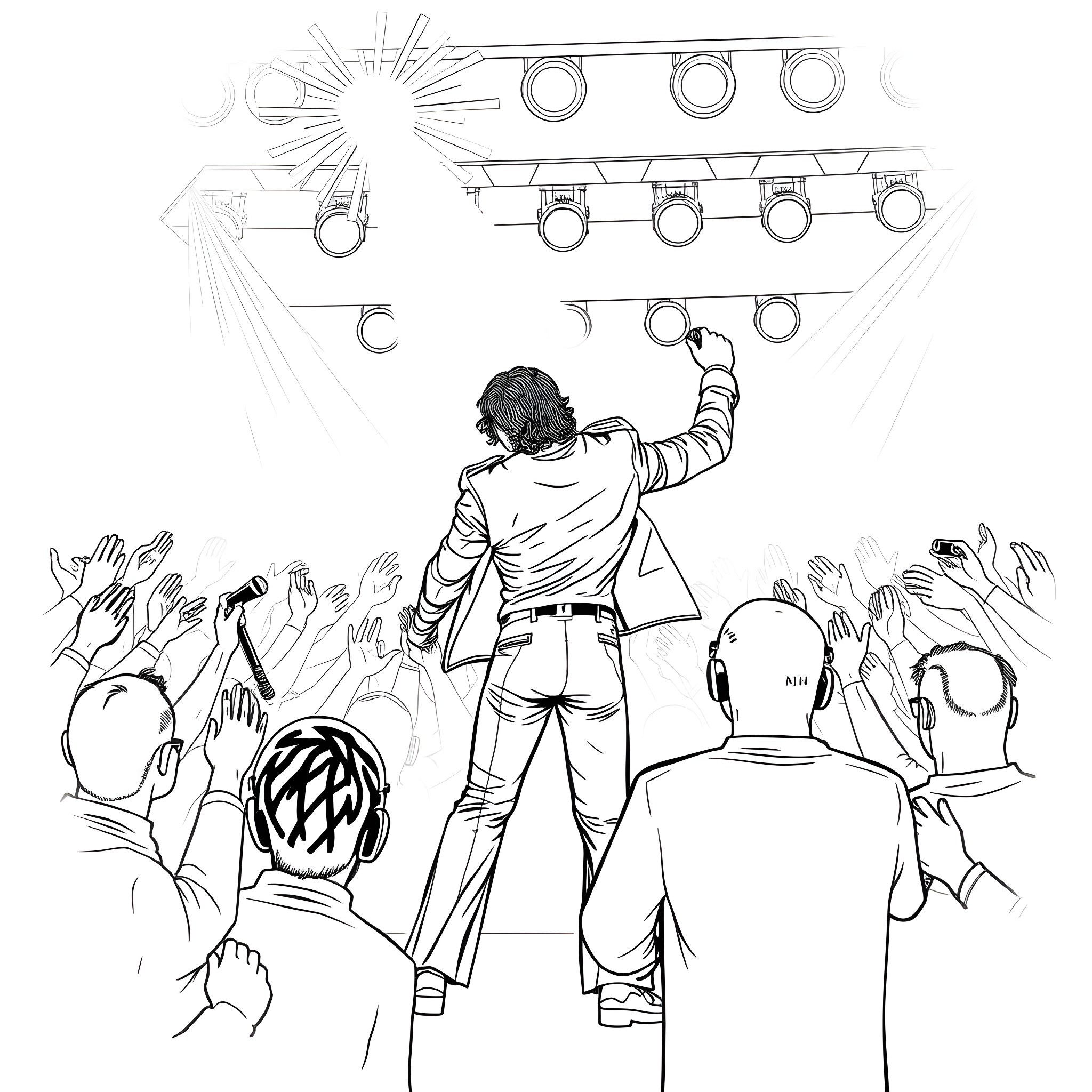 Michael Jackson performing on stage with energetic crowd Coloring Page (free black-and-white line drawing printable PDF for all, from beginners to advanced learners, including children, teens, adults, and seniors)