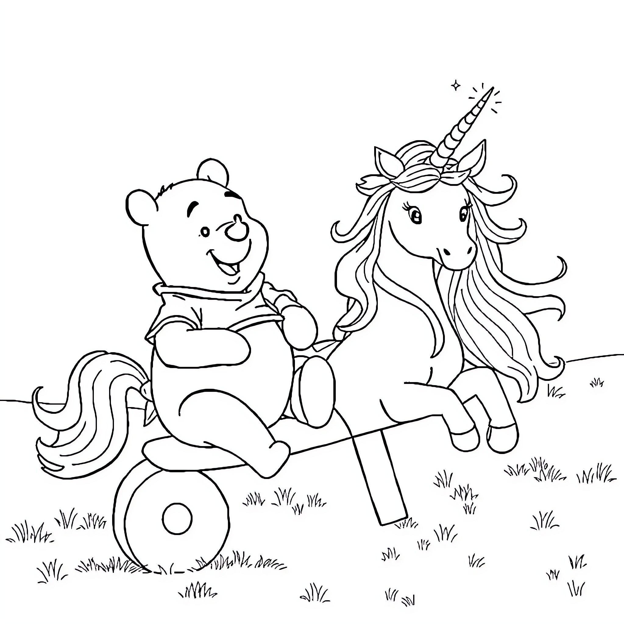 Winnie The Pooh and Unicorn Enjoying Nature Coloring Page (free black-and-white line drawing printable PDF for all, from beginners to advanced learners, including children, teens, adults, and seniors)