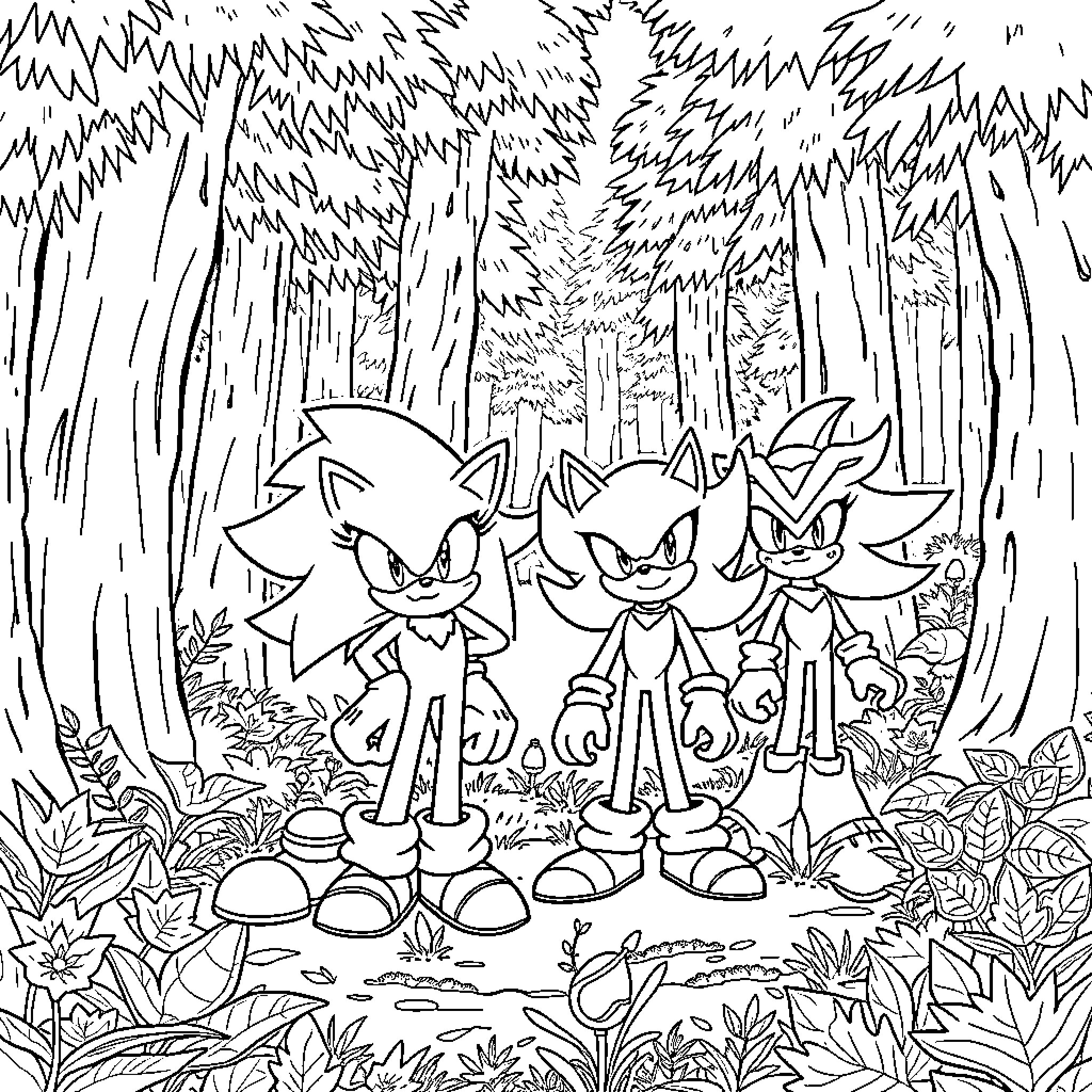 Sonic characters in a mysterious forest environment Coloring Page (free black-and-white line drawing printable PDF for all, from beginners to advanced learners, including children, teens, adults, and seniors)