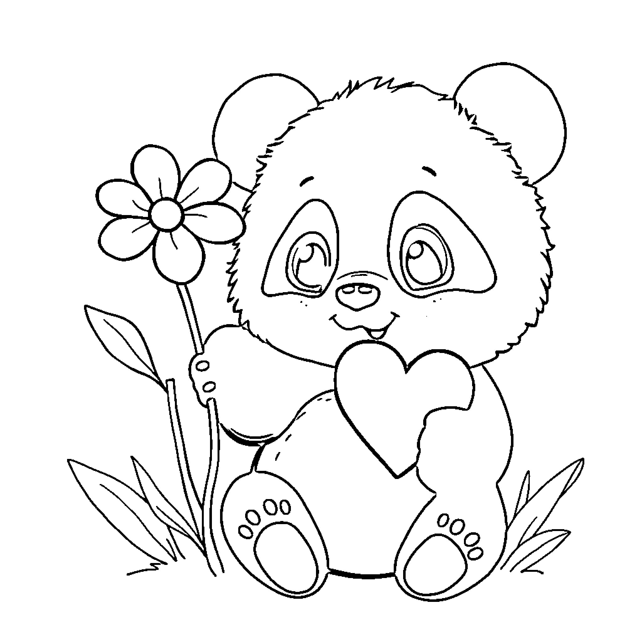 Panda with Flower Holding Heart Coloring Page (free black-and-white line drawing printable PDF for all, from beginners to advanced learners, including children, teens, adults, and seniors)