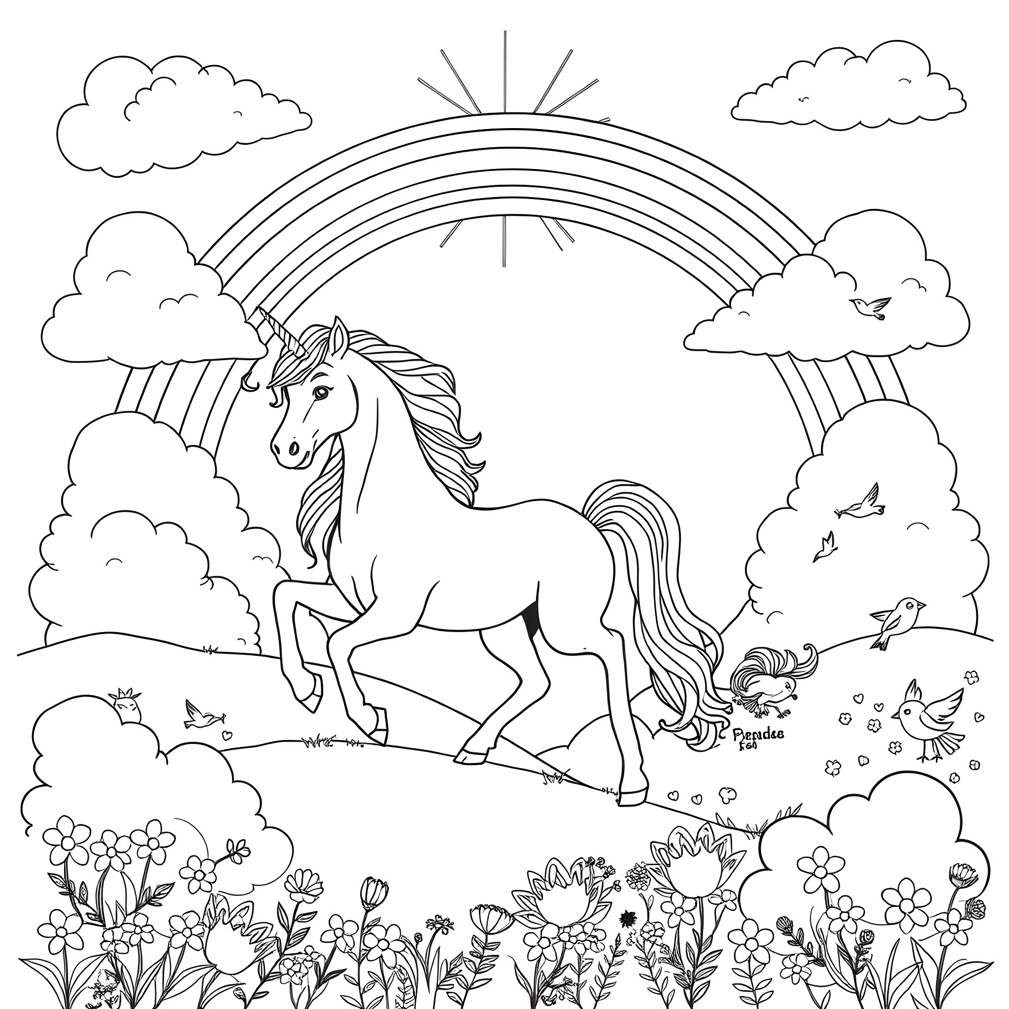 Unicorn walking through magical garden with rainbow Coloring Page (free black-and-white line drawing printable PDF for all, from beginners to advanced learners, including children, teens, adults, and seniors)