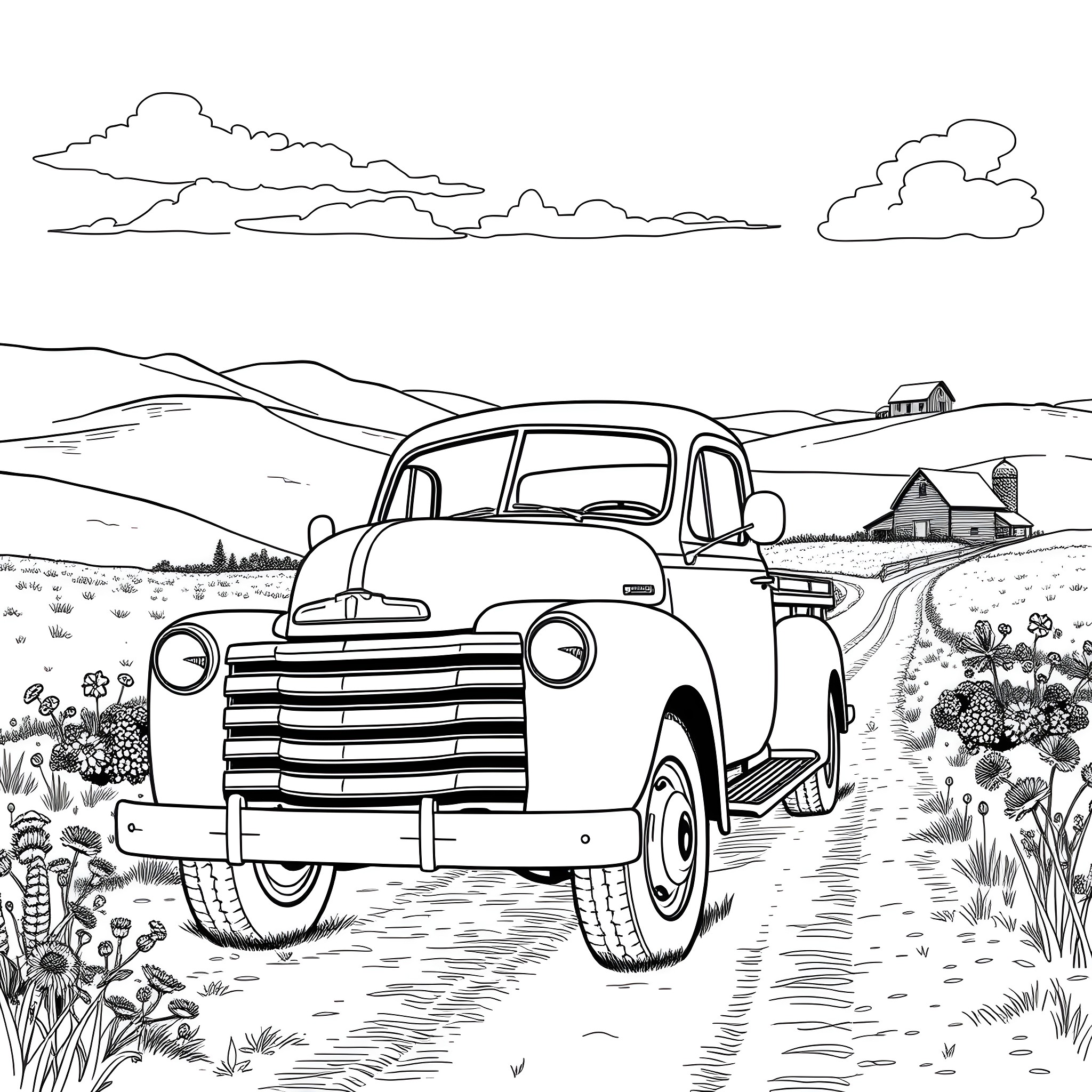 Truck in a rural countryside landscape Coloring Page (free black-and-white line drawing printable PDF for all, from beginners to advanced learners, including children, teens, adults, and seniors)