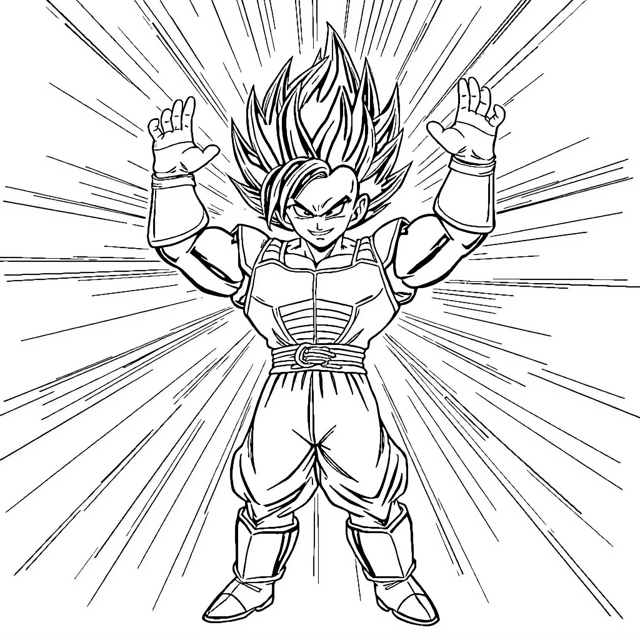 Vegeta in powerful fighting stance Coloring Page (free black-and-white line drawing printable PDF for all, from beginners to advanced learners, including children, teens, adults, and seniors)