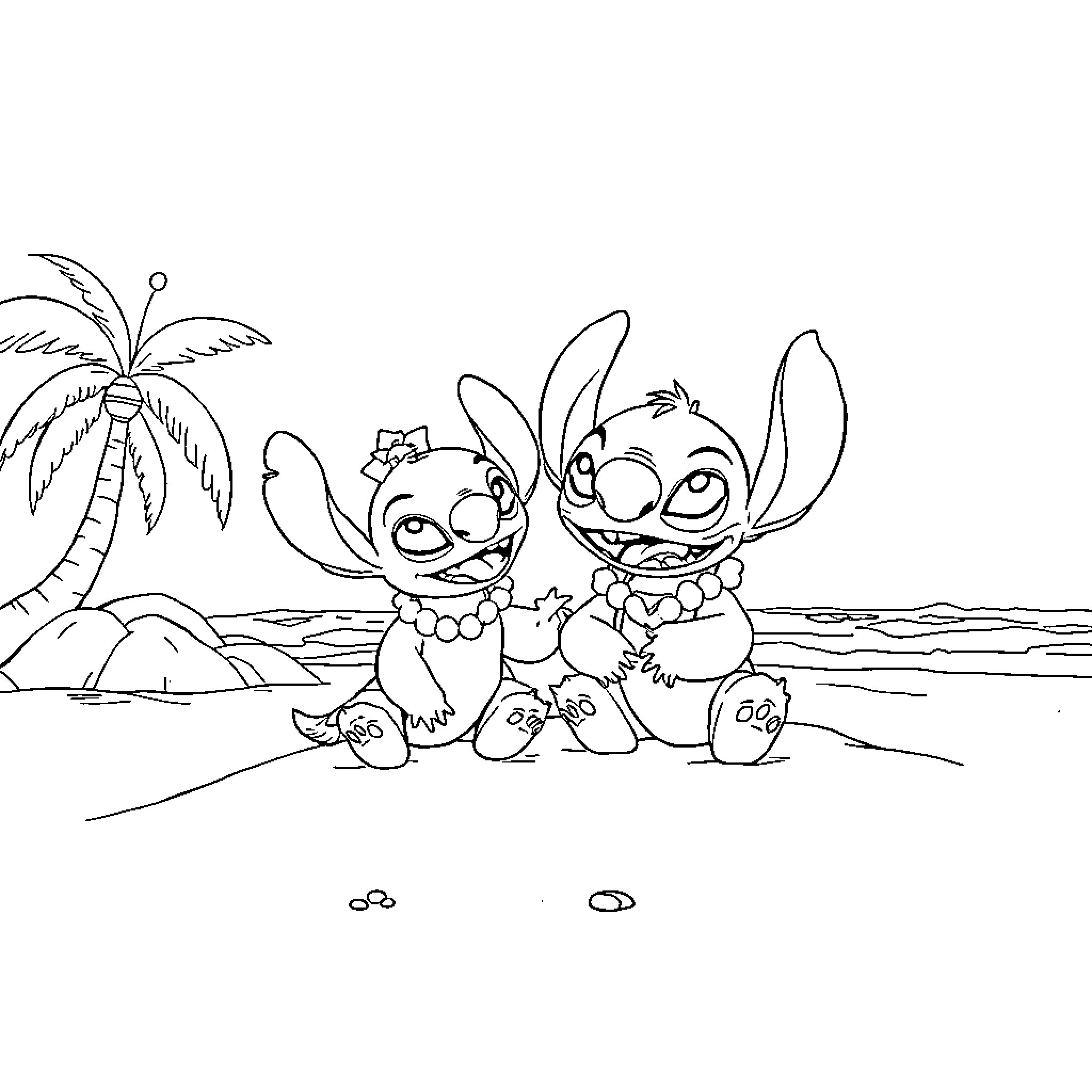 Lilo and Stitch playing on the beach Coloring Page (free black-and-white line drawing printable PDF for all, from beginners to advanced learners, including children, teens, adults, and seniors)