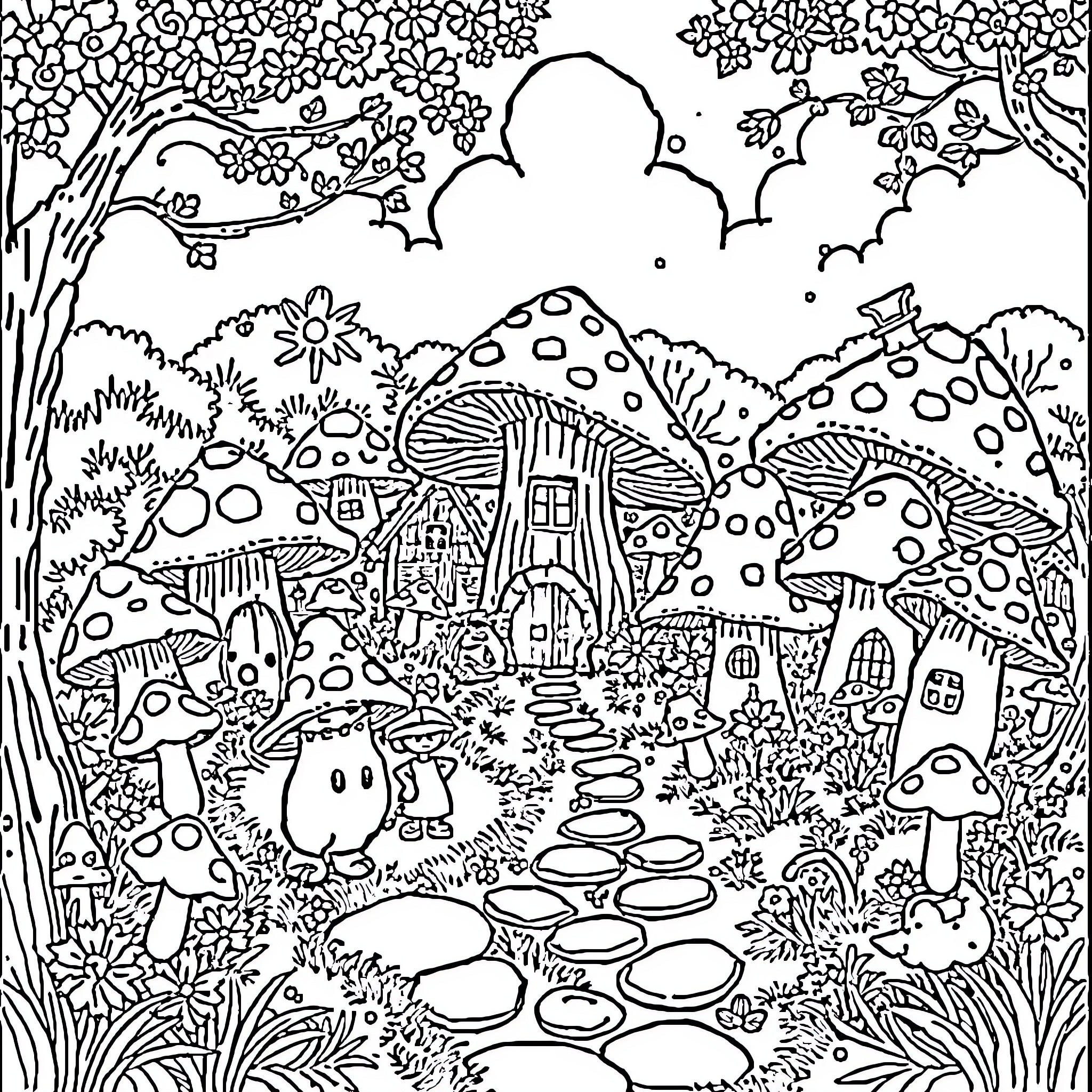 Mushroom Forest Fantasy Landscape Coloring Page (free black-and-white line drawing printable PDF for all, from beginners to advanced learners, including children, teens, adults, and seniors)