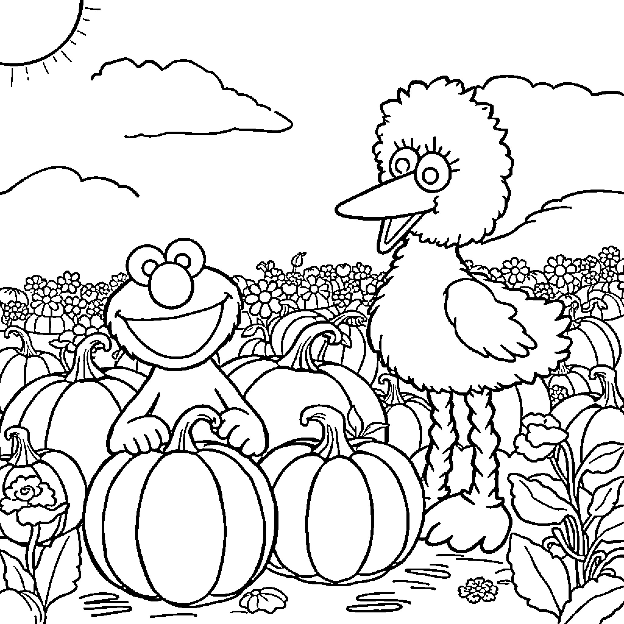 Elmo Explores the Pumpkin Patch Coloring Page (free black-and-white line drawing printable PDF for all, from beginners to advanced learners, including children, teens, adults, and seniors)