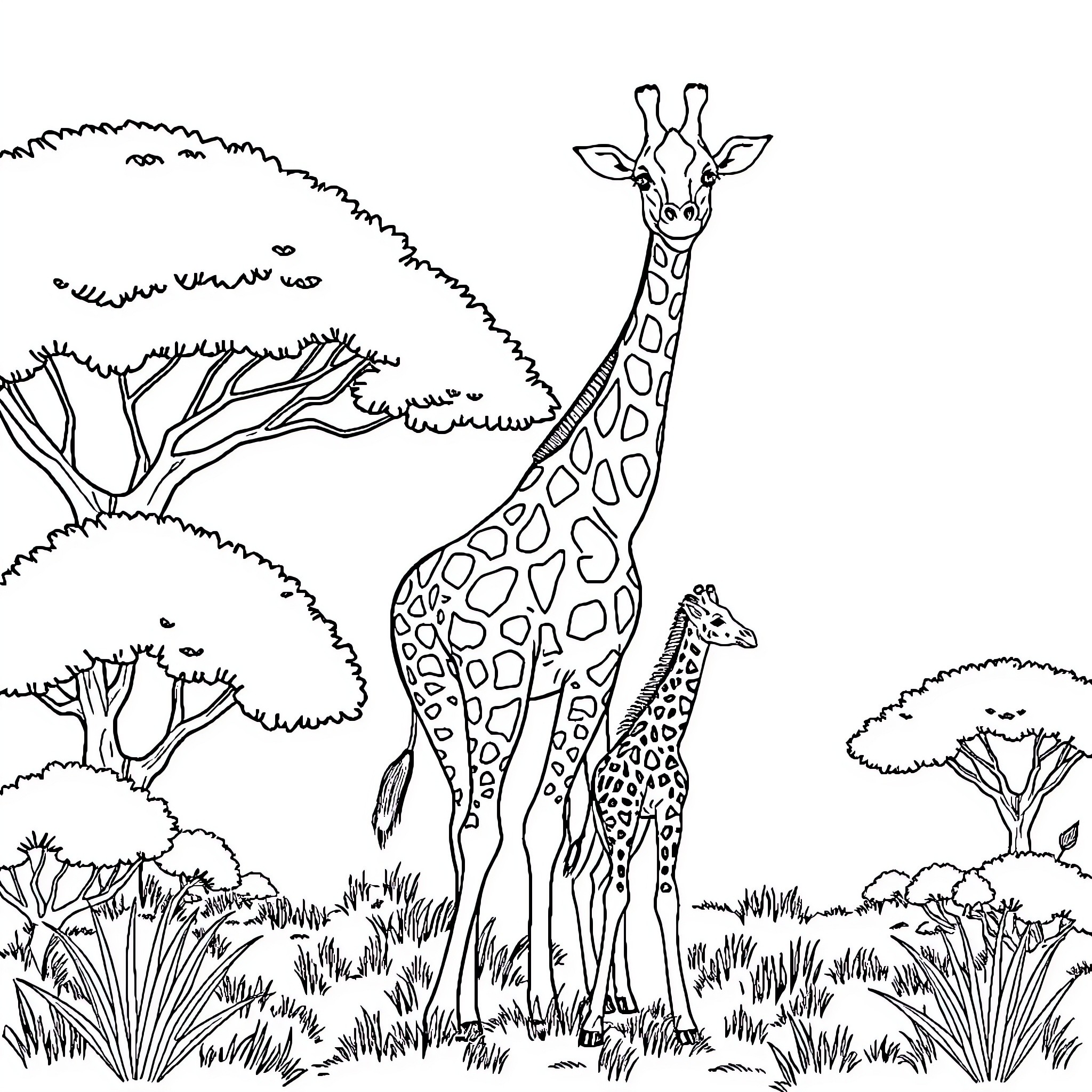 Giraffe walking in the serene African landscape Coloring Page (free black-and-white line drawing printable PDF for all, from beginners to advanced learners, including children, teens, adults, and seniors)