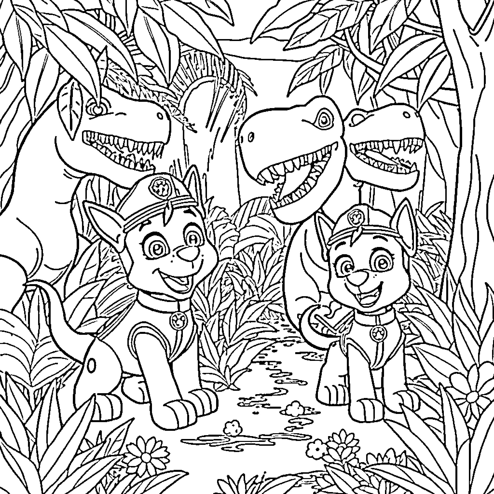 Paw Patrol characters exploring the jungle Coloring Page (free black-and-white line drawing printable PDF for all, from beginners to advanced learners, including children, teens, adults, and seniors)