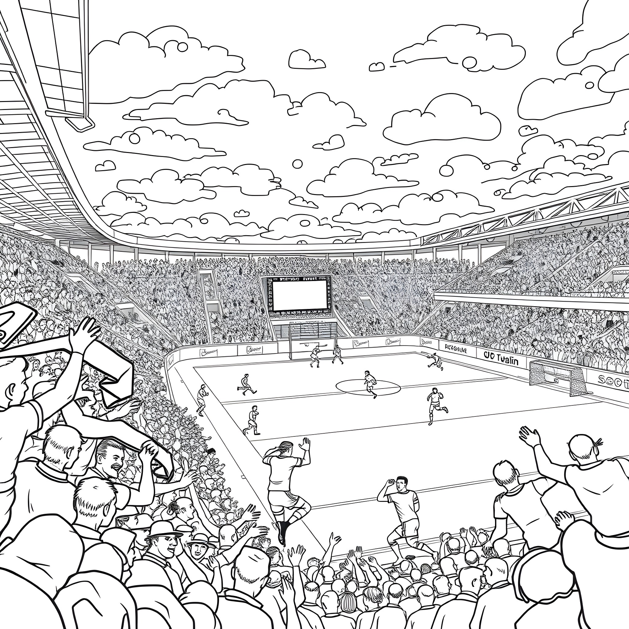 Football players competing in a crowded stadium Coloring Page (free black-and-white line drawing printable PDF for all, from beginners to advanced learners, including children, teens, adults, and seniors)
