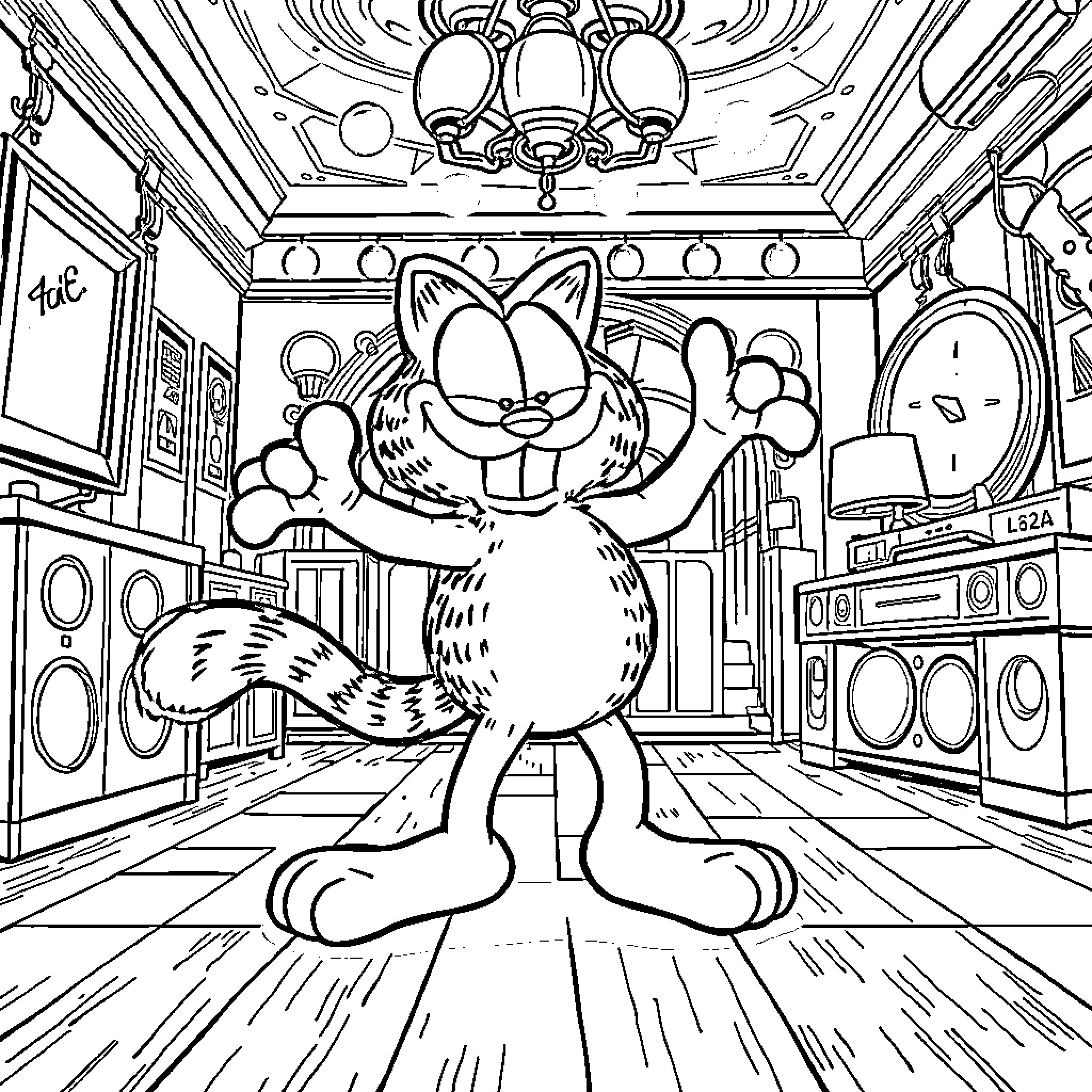 Garfield's Mischievous Adventures in a Domestic Setting Coloring Page (free black-and-white line drawing printable PDF for all, from beginners to advanced learners, including children, teens, adults, and seniors)