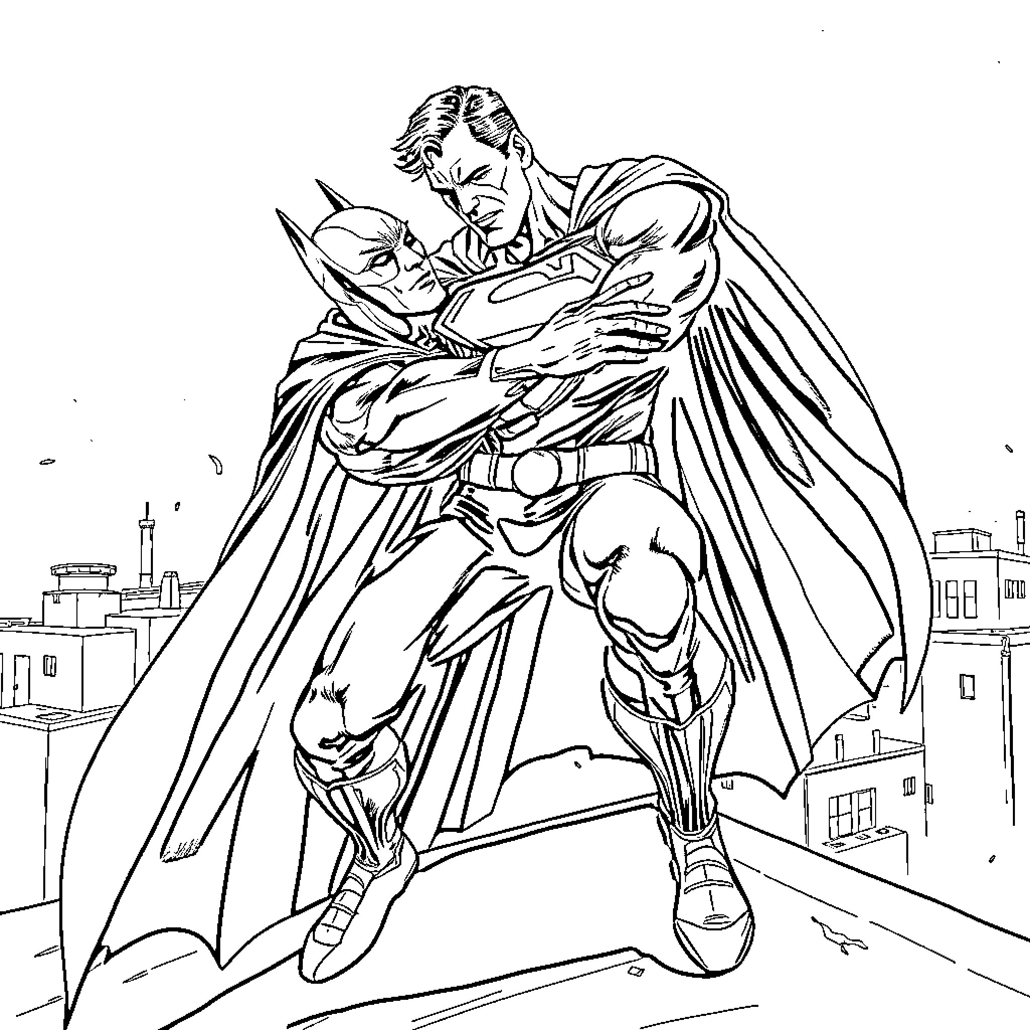 Superman saving the city from danger Coloring Page (free black-and-white line drawing printable PDF for all, from beginners to advanced learners, including children, teens, adults, and seniors)