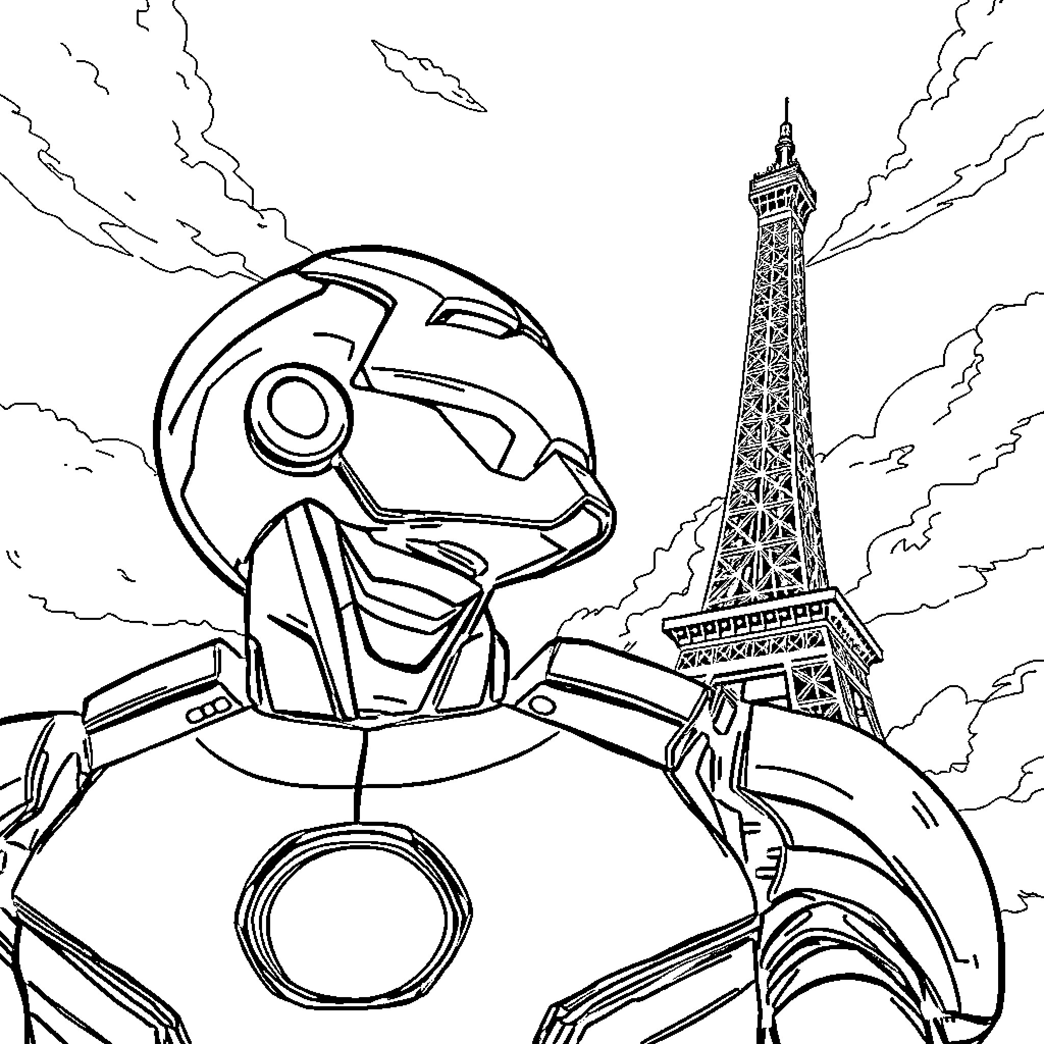 Iron Man standing heroically in front of Eiffel Tower Coloring Page (free black-and-white line drawing printable PDF for all, from beginners to advanced learners, including children, teens, adults, and seniors)