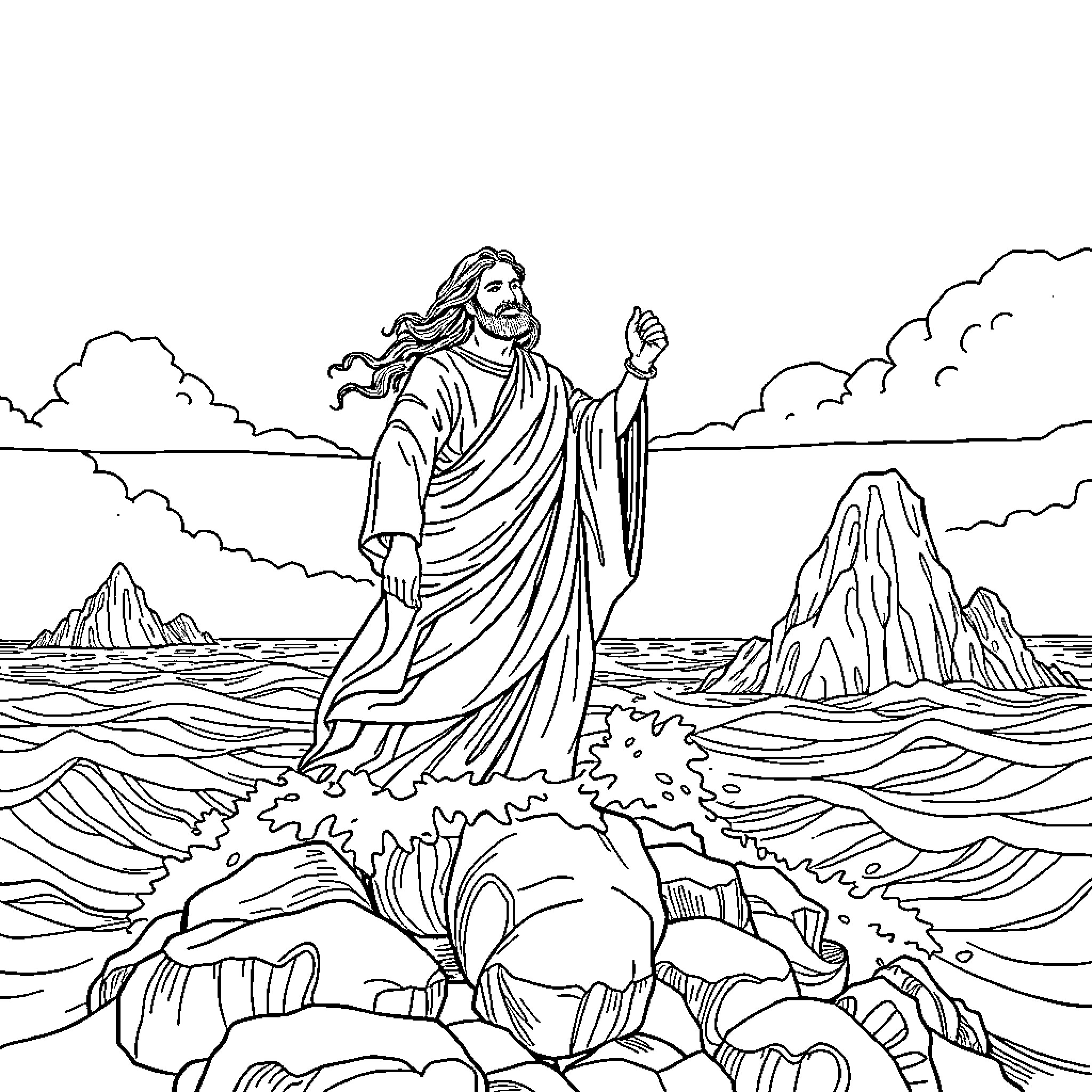 Moses Parting the Sea in a Dramatic Scene Coloring Page (free black-and-white line drawing printable PDF for all, from beginners to advanced learners, including children, teens, adults, and seniors)