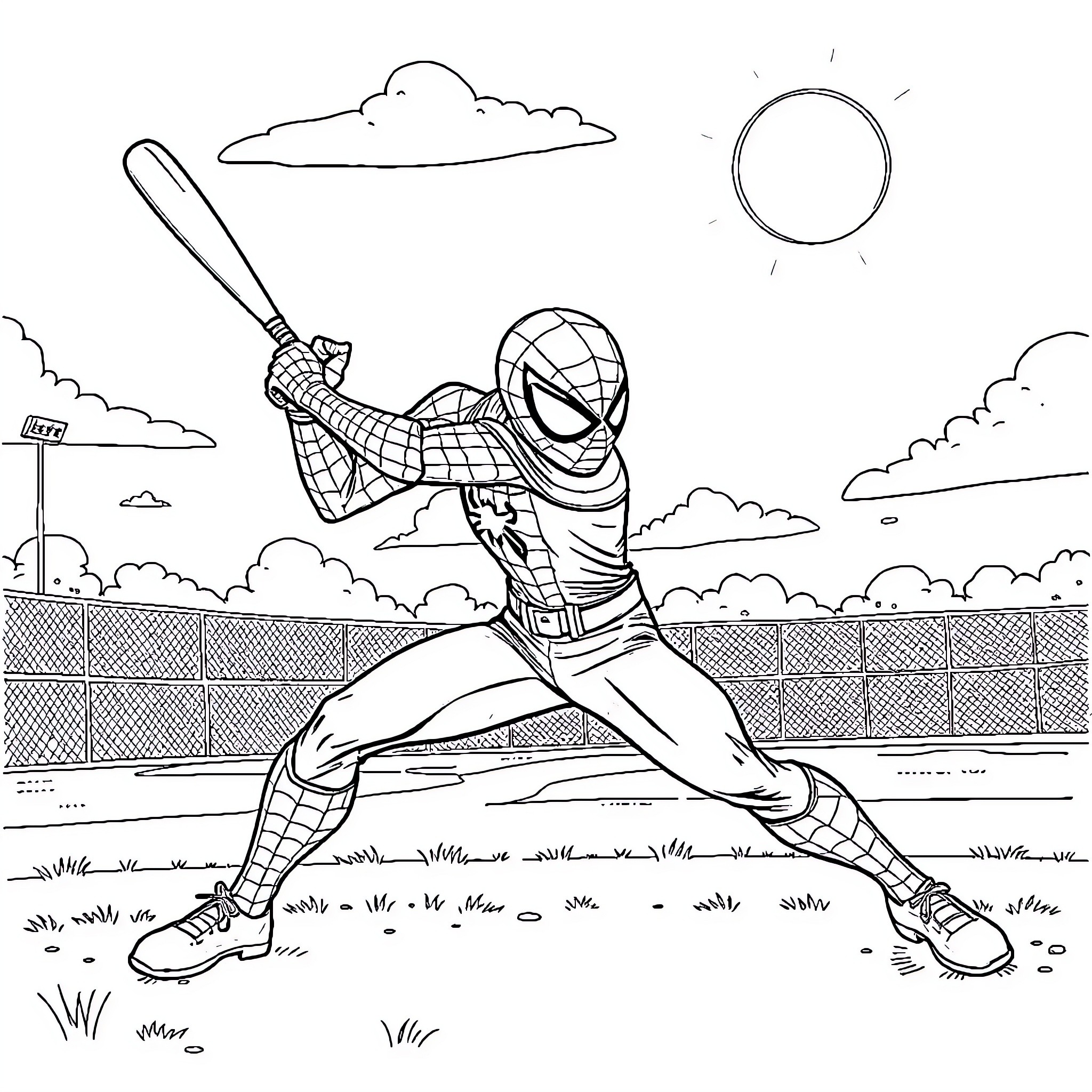 Spider-Man swinging and posing heroically in a baseball stadium Coloring Page (free black-and-white line drawing printable PDF for all, from beginners to advanced learners, including children, teens, adults, and seniors)