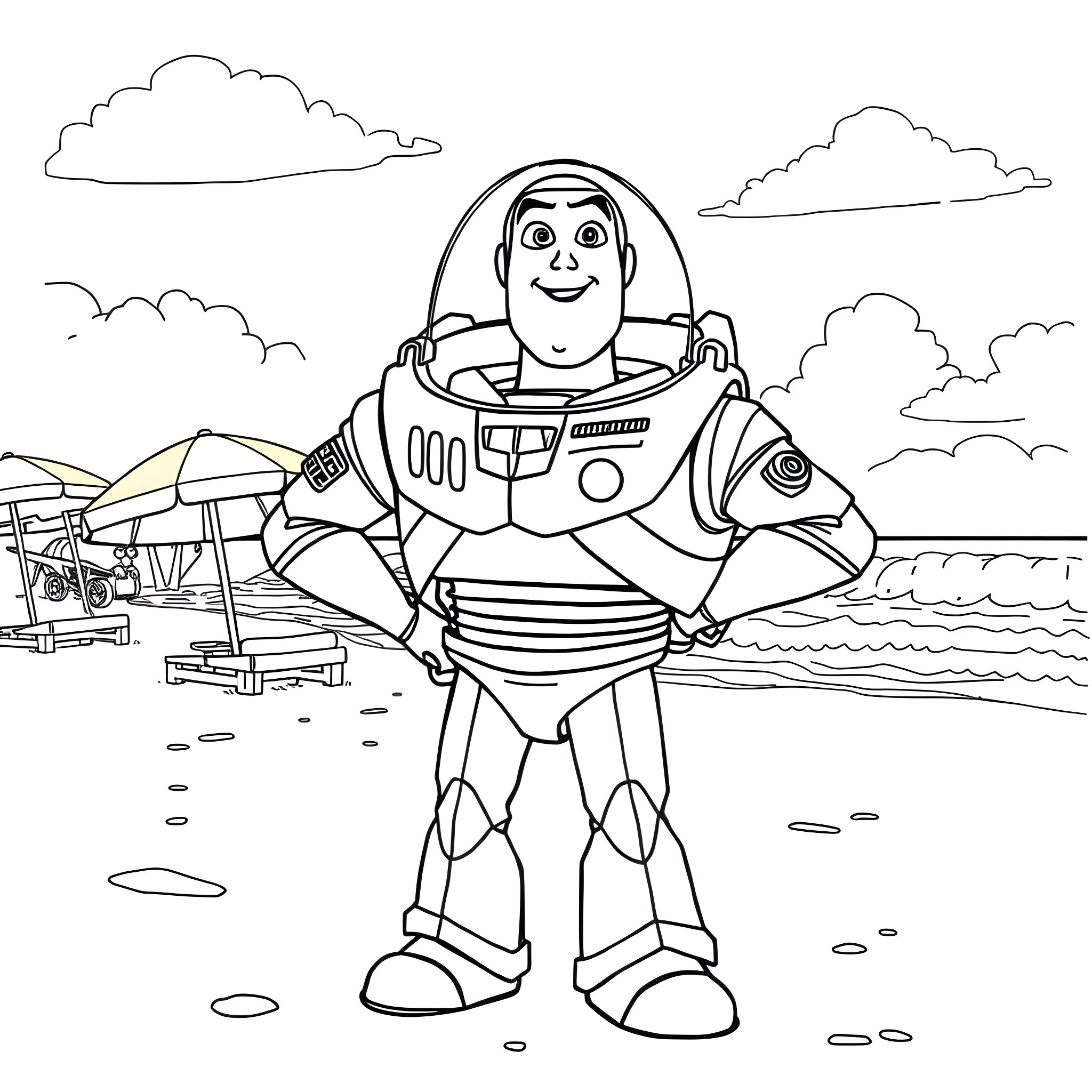 Buzz Lightyear on an intergalactic adventure Coloring Page (free black-and-white line drawing printable PDF for all, from beginners to advanced learners, including children, teens, adults, and seniors)