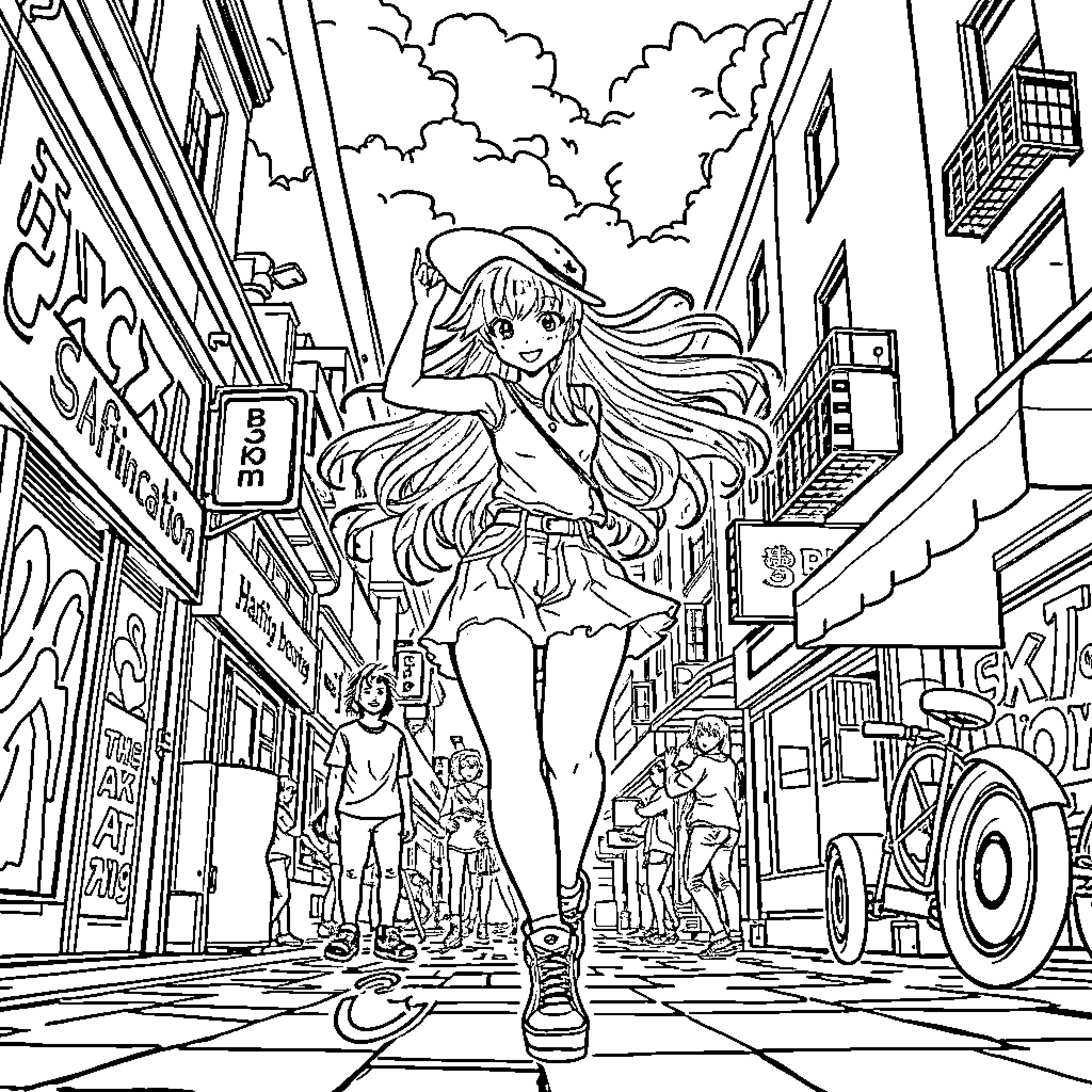 Anime Girl Exploring Vibrant Urban City Street Coloring Page (free black-and-white line drawing printable PDF for all, from beginners to advanced learners, including children, teens, adults, and seniors)