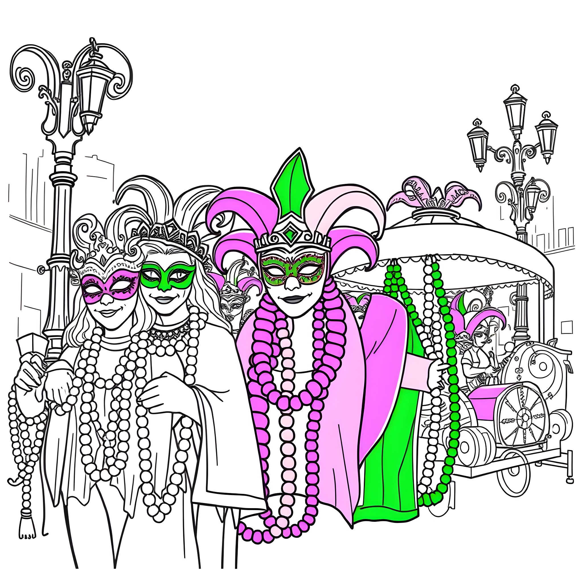 Mardi Gras celebration with costumed revelers Coloring Page (free black-and-white line drawing printable PDF for all, from beginners to advanced learners, including children, teens, adults, and seniors)