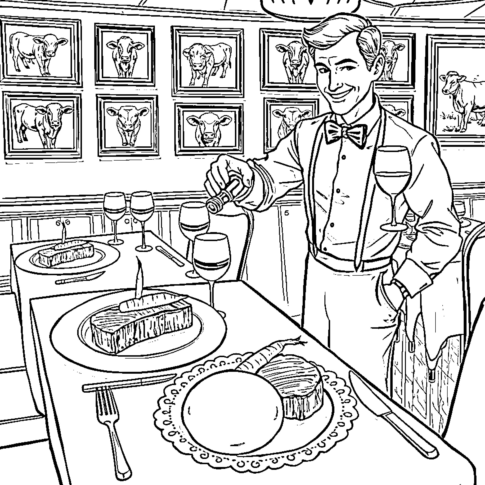 Restaurant waiter serving food and wine Coloring Page (free black-and-white line drawing printable PDF for all, from beginners to advanced learners, including children, teens, adults, and seniors)