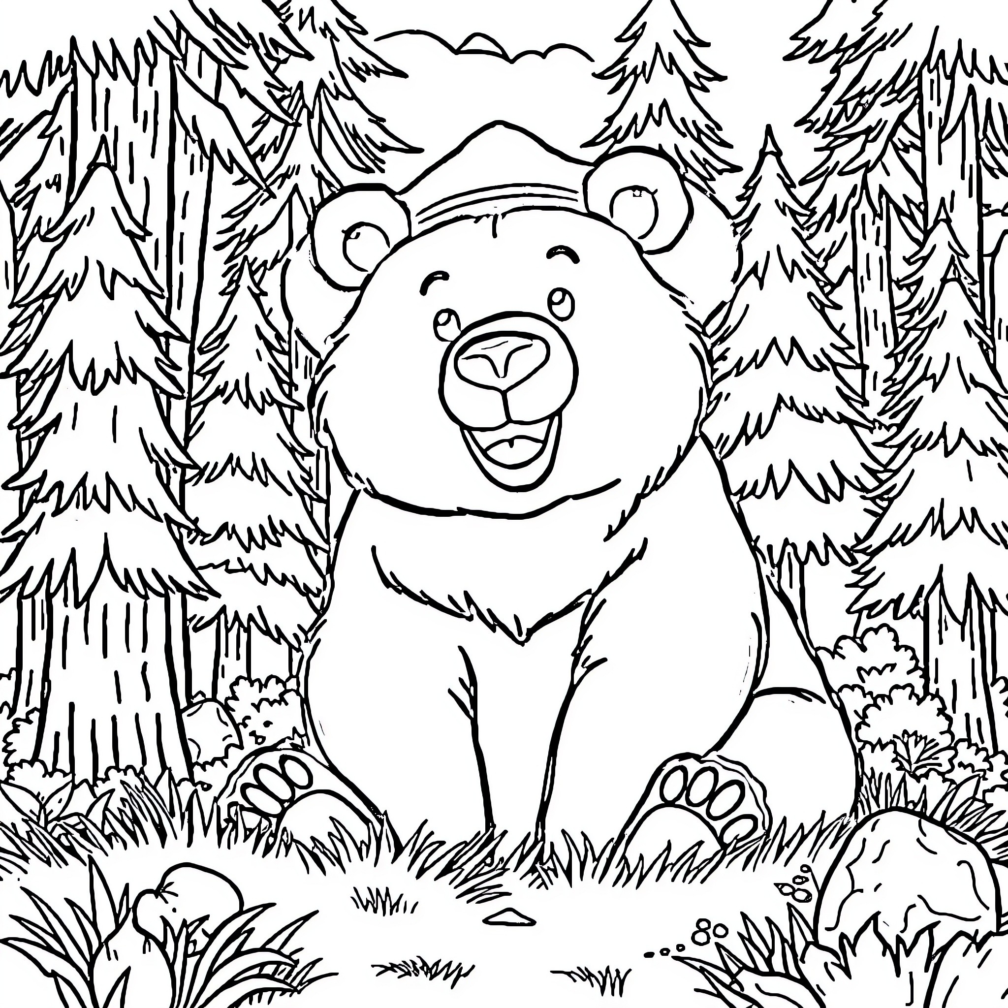 Bear sitting cheerfully in forest landscape Coloring Page (free black-and-white line drawing printable PDF for all, from beginners to advanced learners, including children, teens, adults, and seniors)