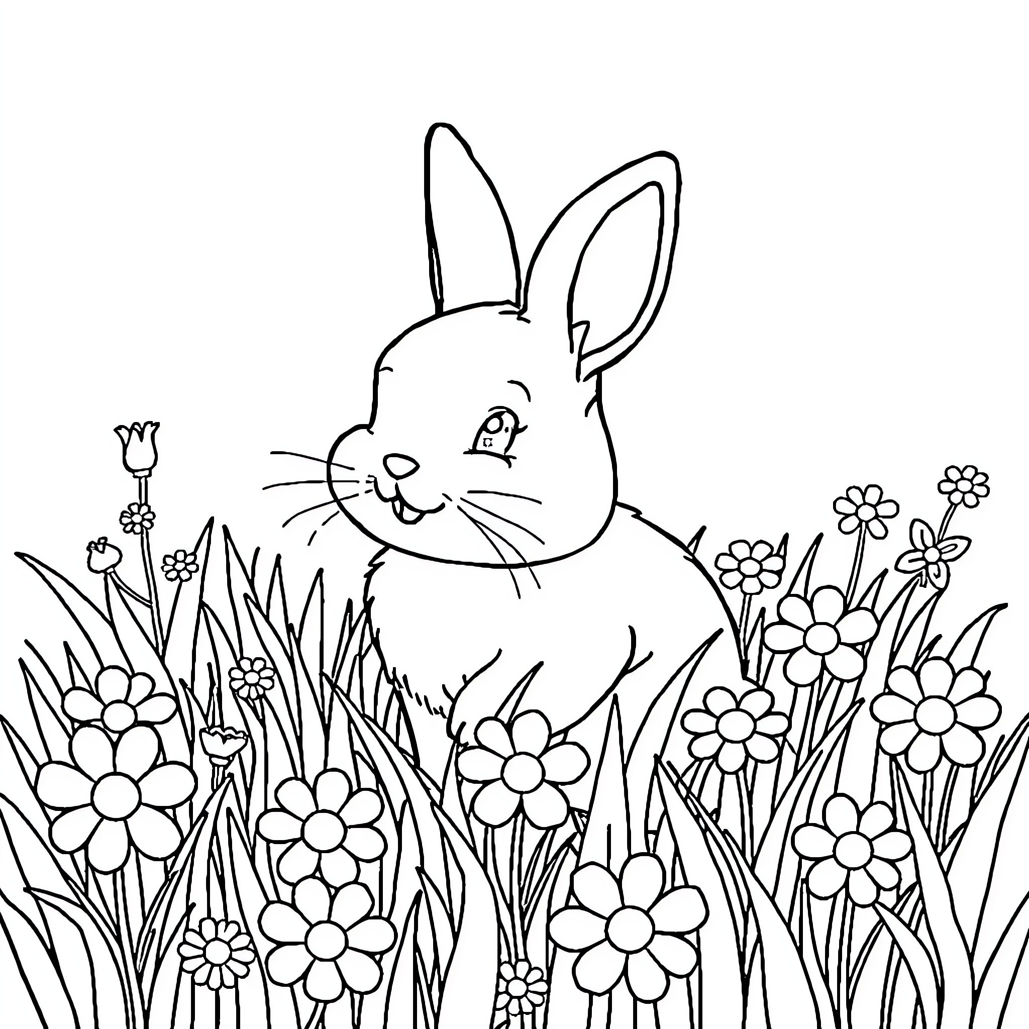 Bunny in a field of flowers Coloring Page (free black-and-white line drawing printable PDF for all, from beginners to advanced learners, including children, teens, adults, and seniors)