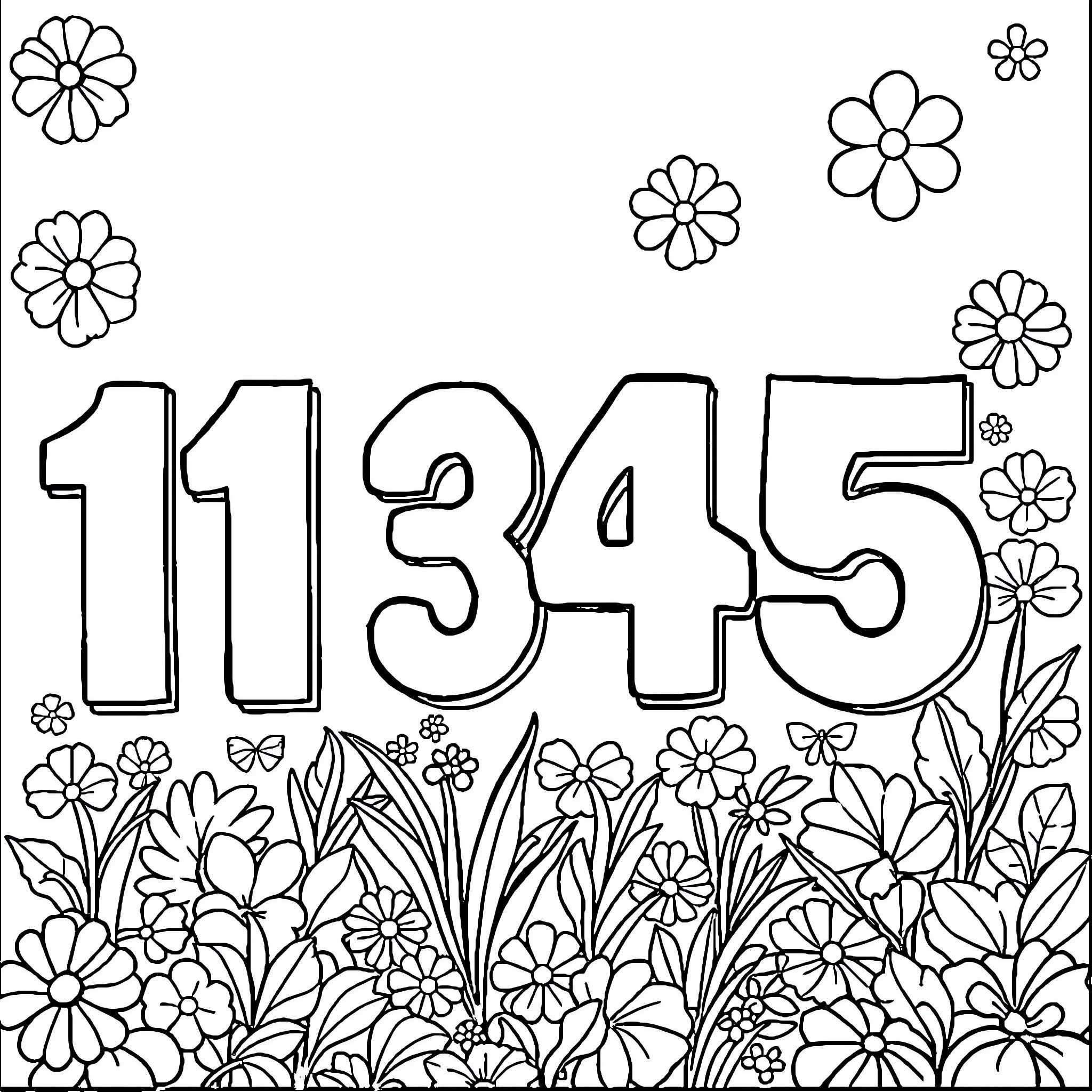 Counting flowers and numbers in the garden Coloring Page (free black-and-white line drawing printable PDF for all, from beginners to advanced learners, including children, teens, adults, and seniors)