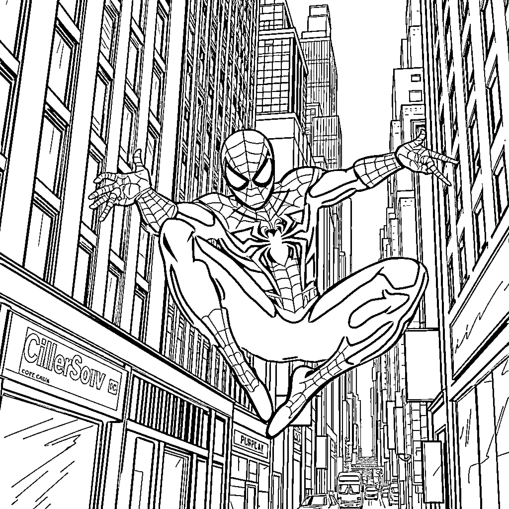 Spiderman swinging through the city streets Coloring Page (free black-and-white line drawing printable PDF for all, from beginners to advanced learners, including children, teens, adults, and seniors)