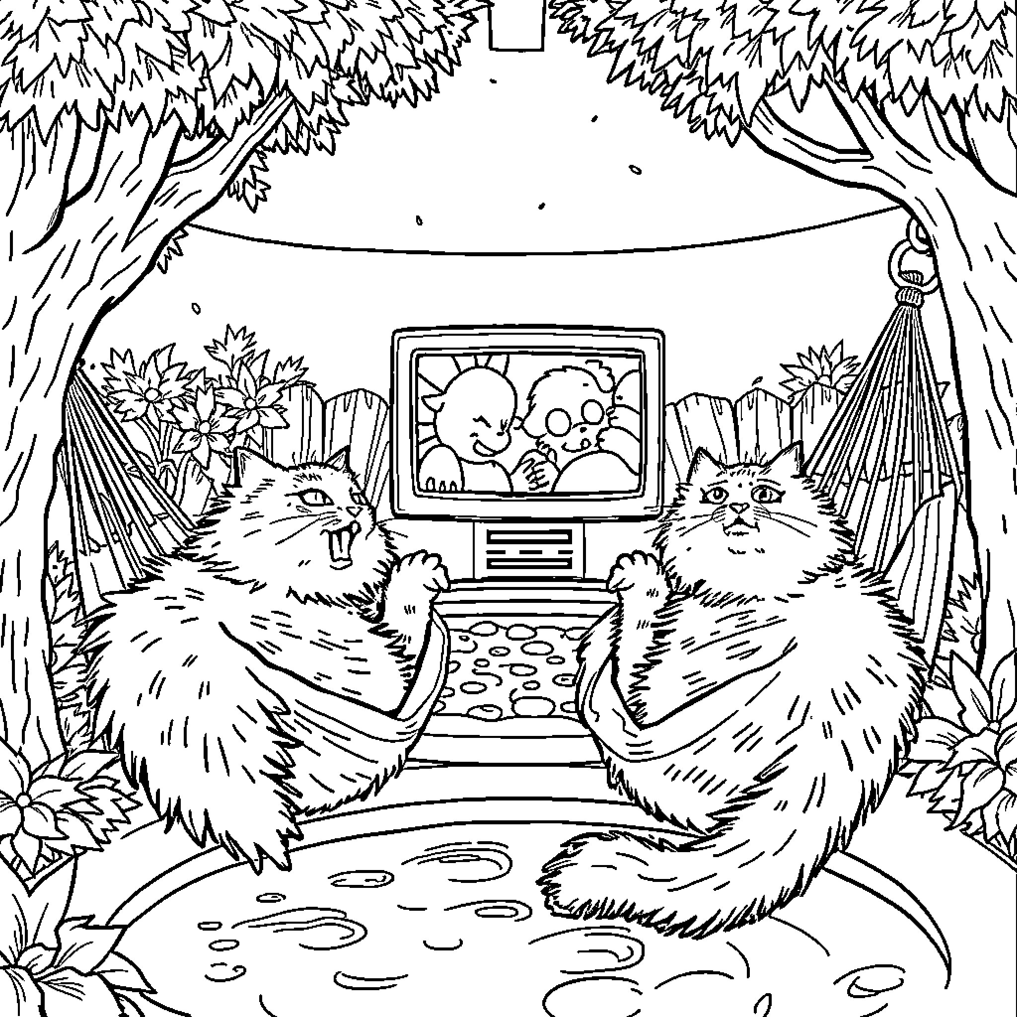 Cat Watching TV in Peaceful Forest Coloring Page (free black-and-white line drawing printable PDF for all, from beginners to advanced learners, including children, teens, adults, and seniors)