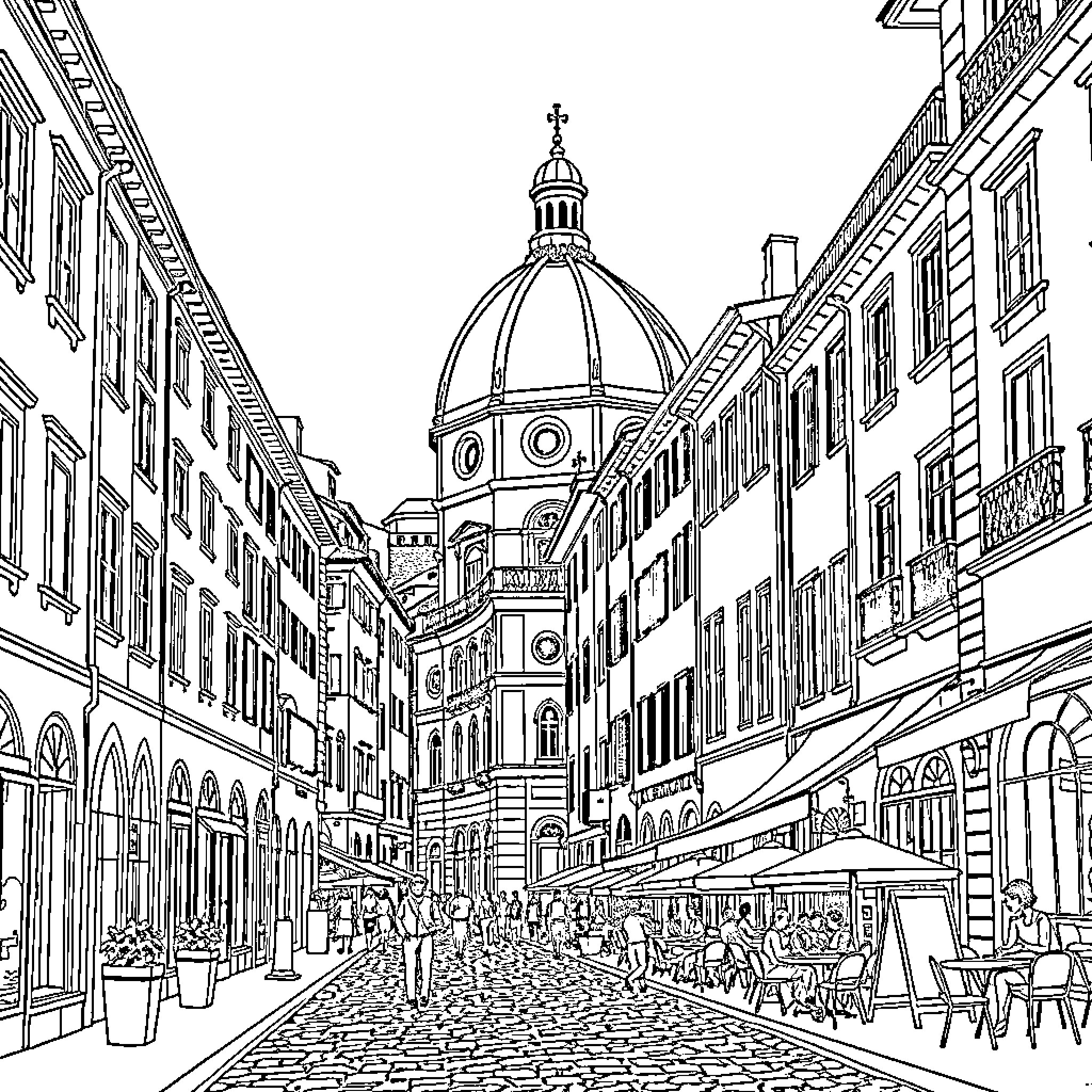 Florence historic architecture and bustling street scene Coloring Page (free black-and-white line drawing printable PDF for all, from beginners to advanced learners, including children, teens, adults, and seniors)